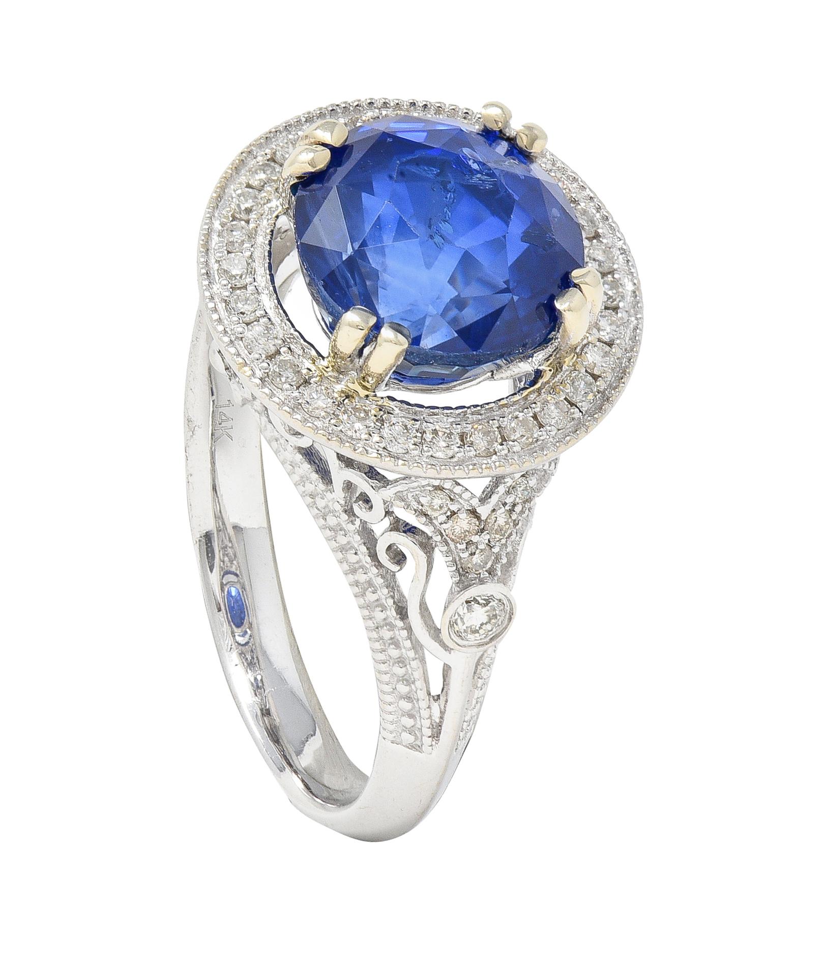 Contemporary 4.84 CTW Sapphire Diamond 14 Karat White Gold Halo Ring For Sale 8