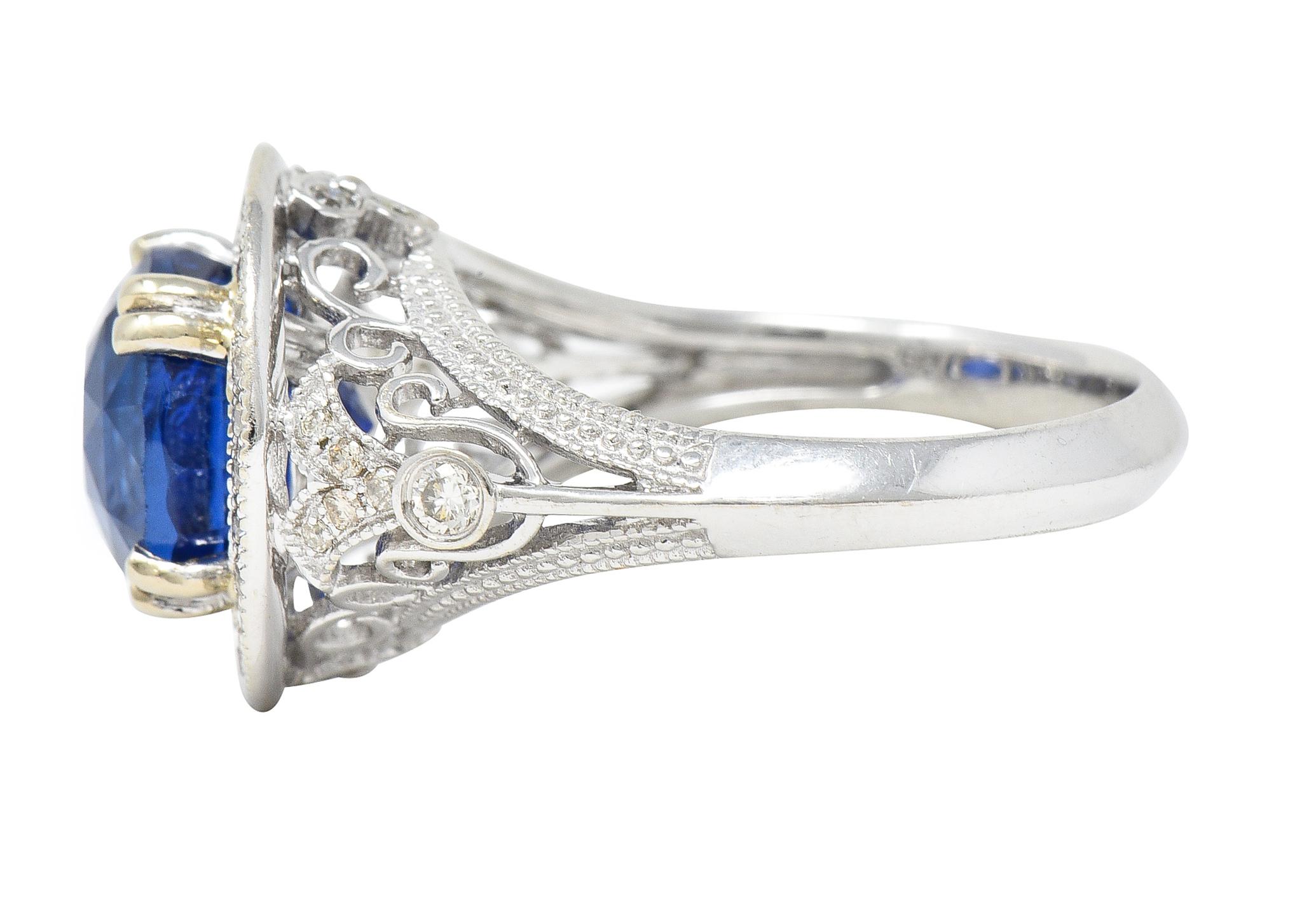 Contemporary 4.84 CTW Sapphire Diamond 14 Karat White Gold Halo Ring For Sale 1