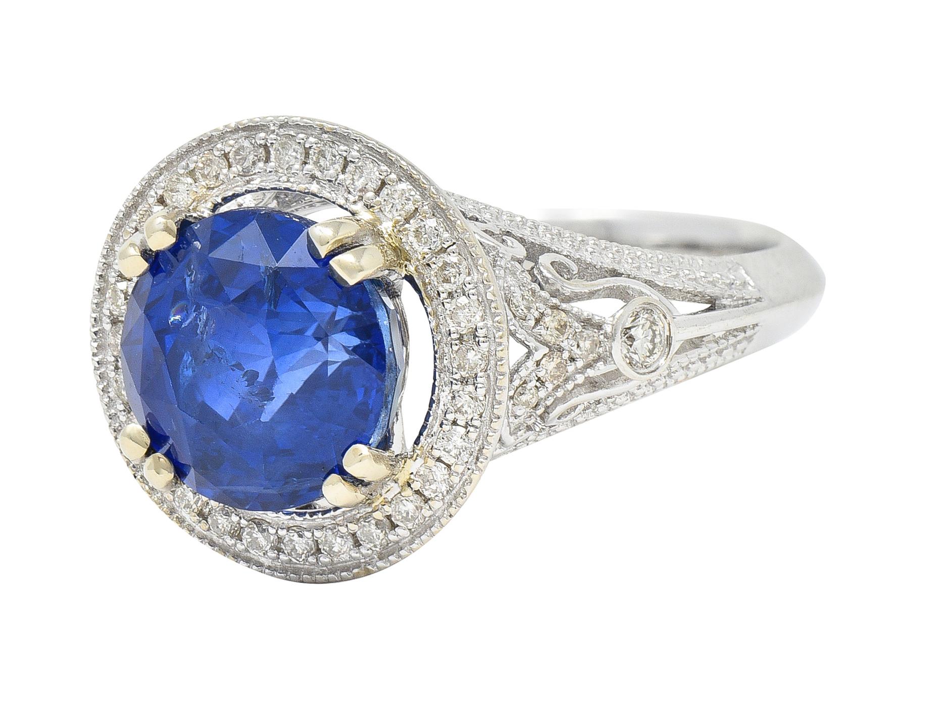 Contemporary 4.84 CTW Sapphire Diamond 14 Karat White Gold Halo Ring For Sale 2