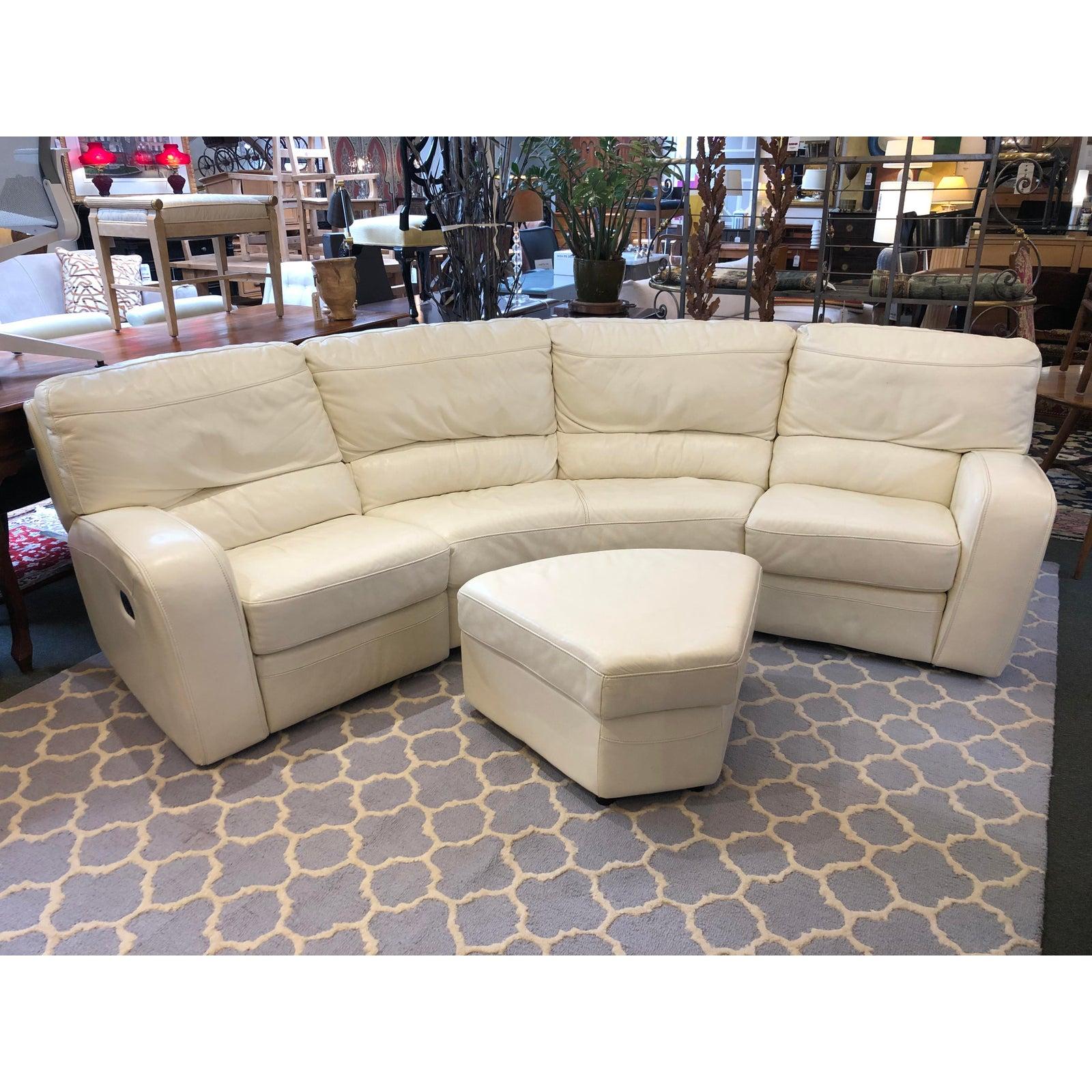Contemporary-

4pc white leather curved sectional and double recliners.
  