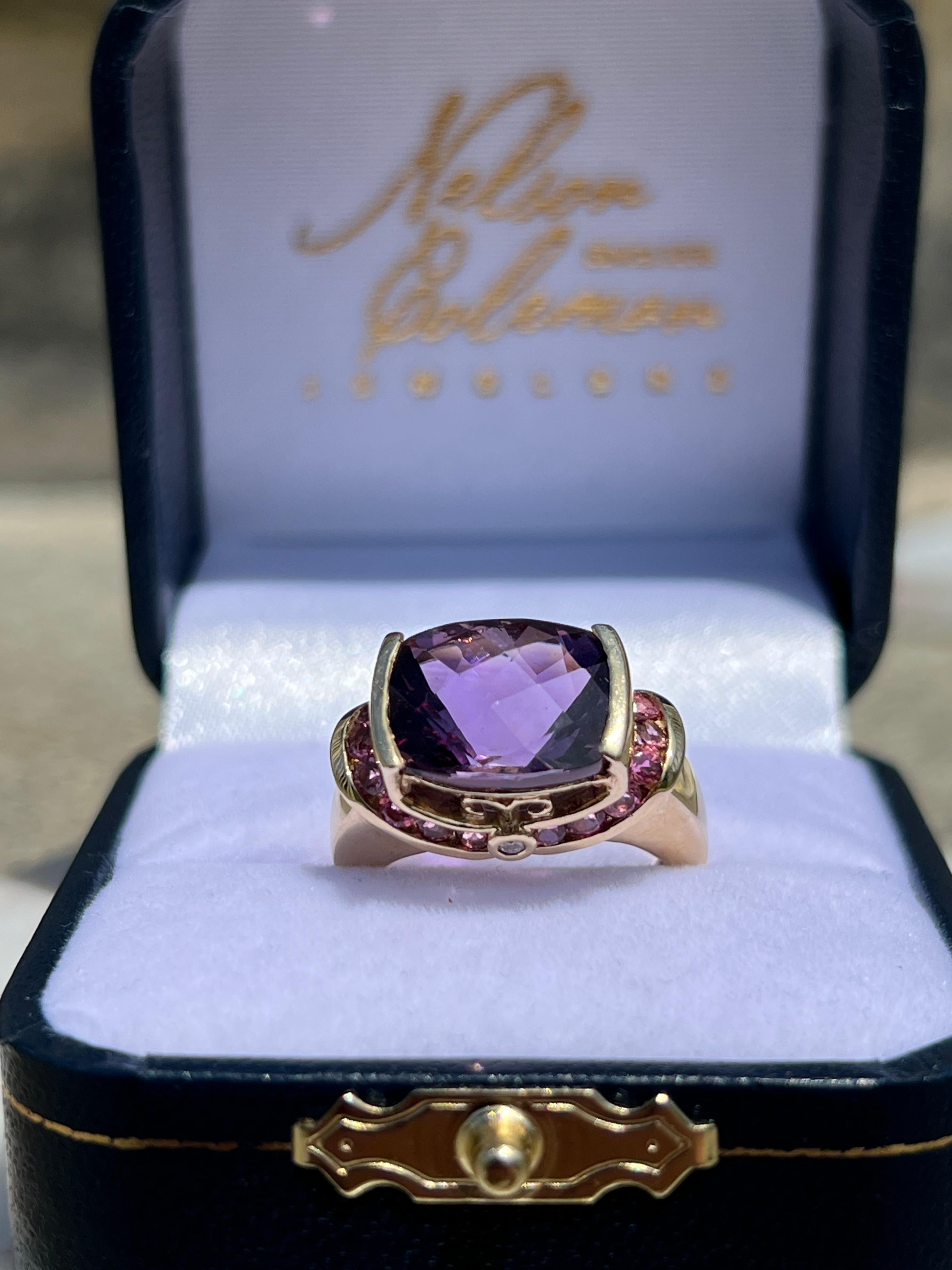 Contemporary 5 Carat Amethyst Tourmaline Diamond & 10K Yellow Gold Cocktail Ring en vente 8