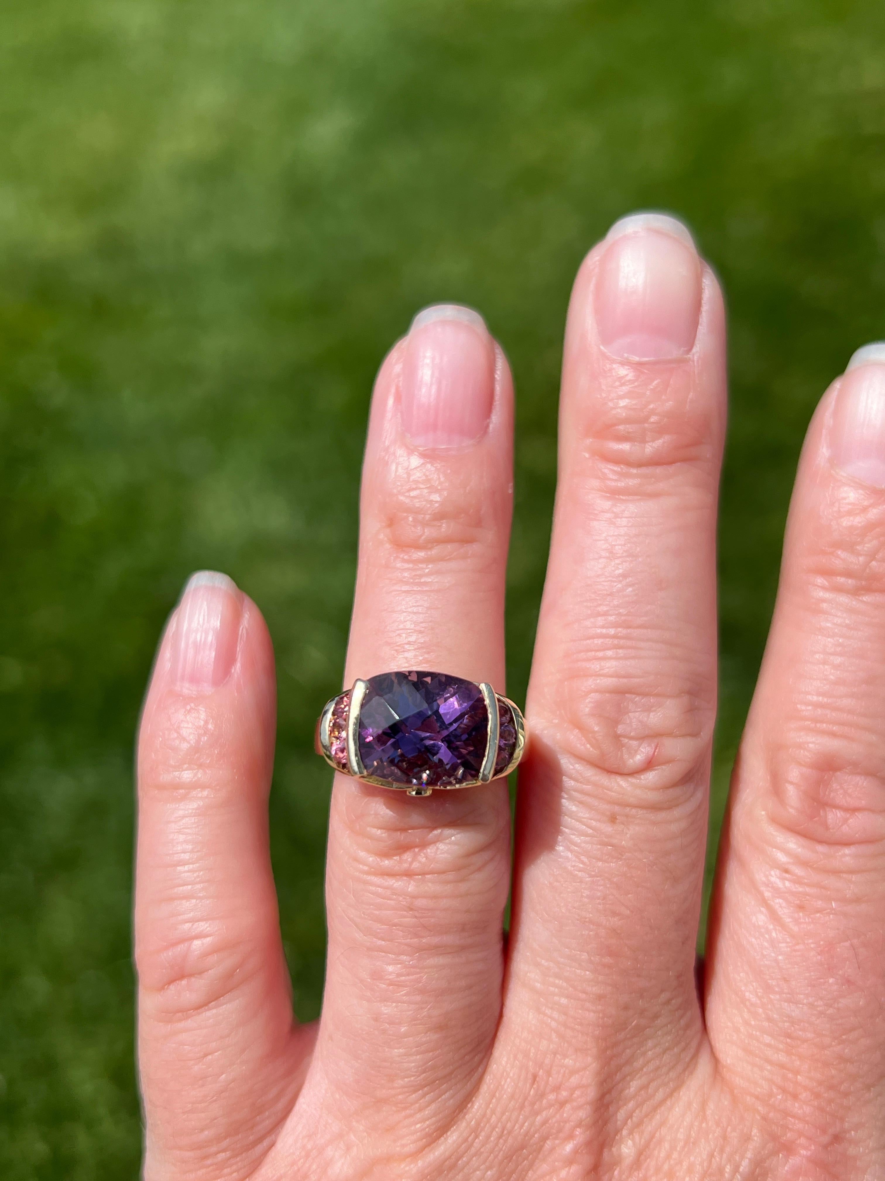 Contemporary 5 Carat Amethyst Tourmaline Diamond & 10K Yellow Gold Cocktail Ring en vente 1
