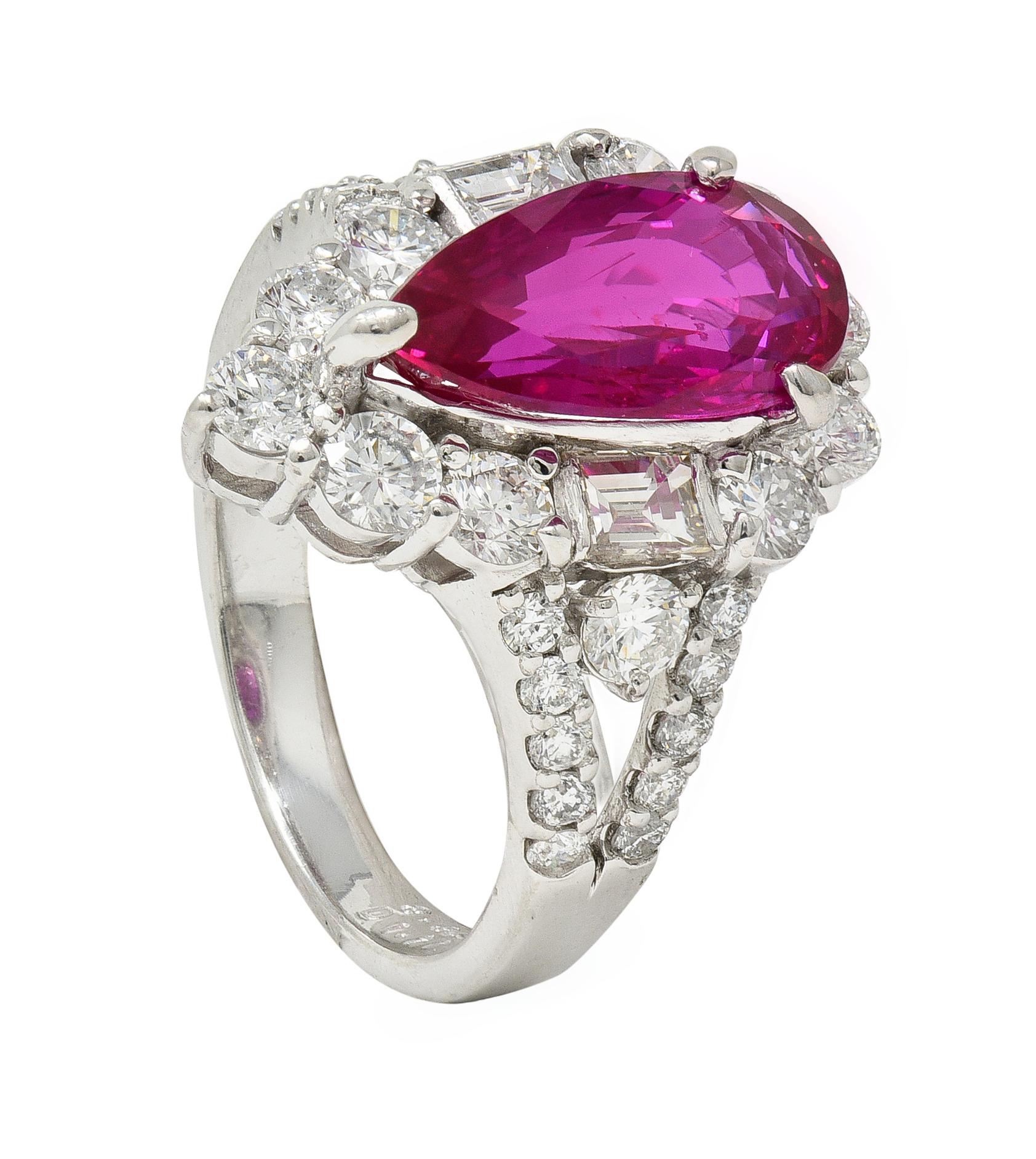 Contemporary 5.11 CTW Pear Cut Mozambique No Heat Ruby Diamond Ring AGL In Excellent Condition For Sale In Philadelphia, PA
