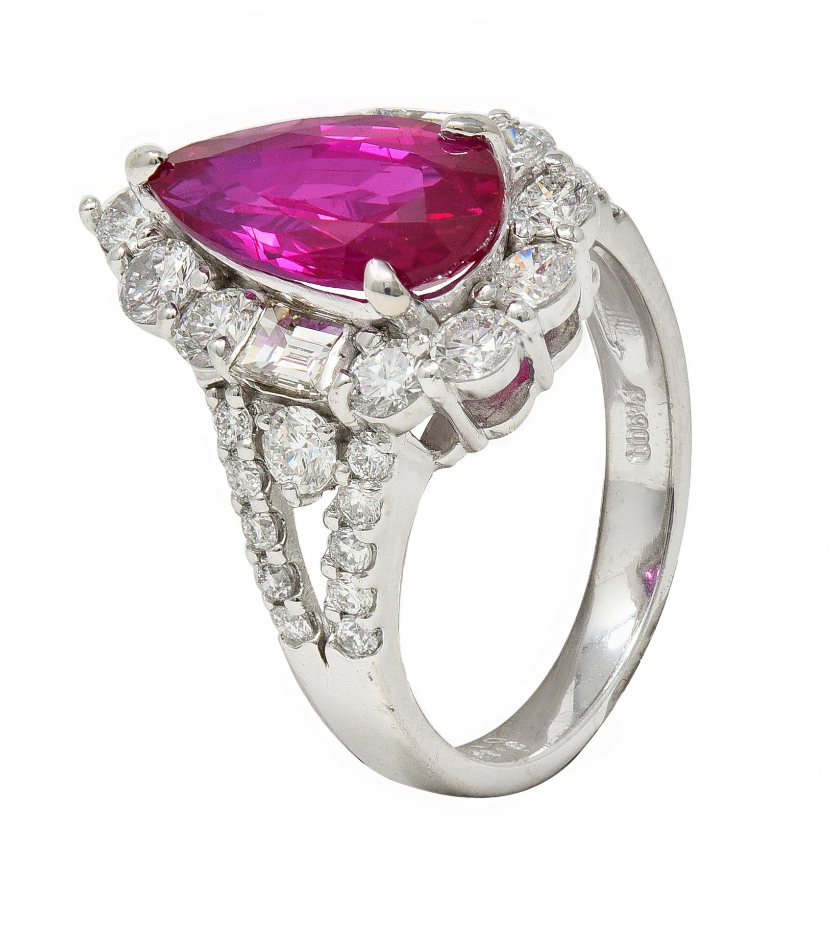 Women's or Men's Contemporary 5.11 CTW Pear Cut Mozambique No Heat Ruby Diamond Ring AGL For Sale