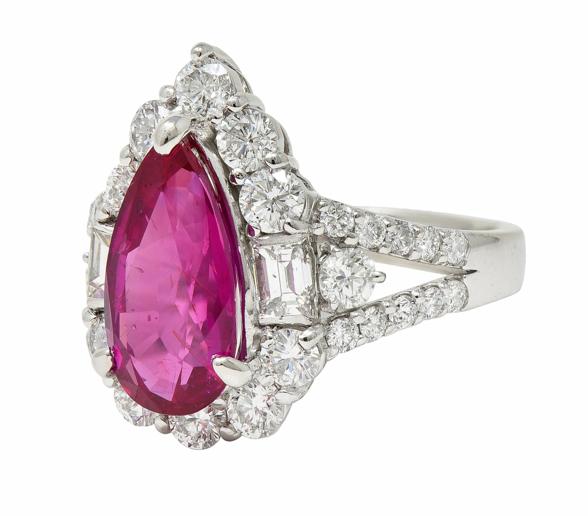 Contemporary 5.11 CTW Pear Cut Mozambique No Heat Ruby Diamond Ring AGL For Sale 5