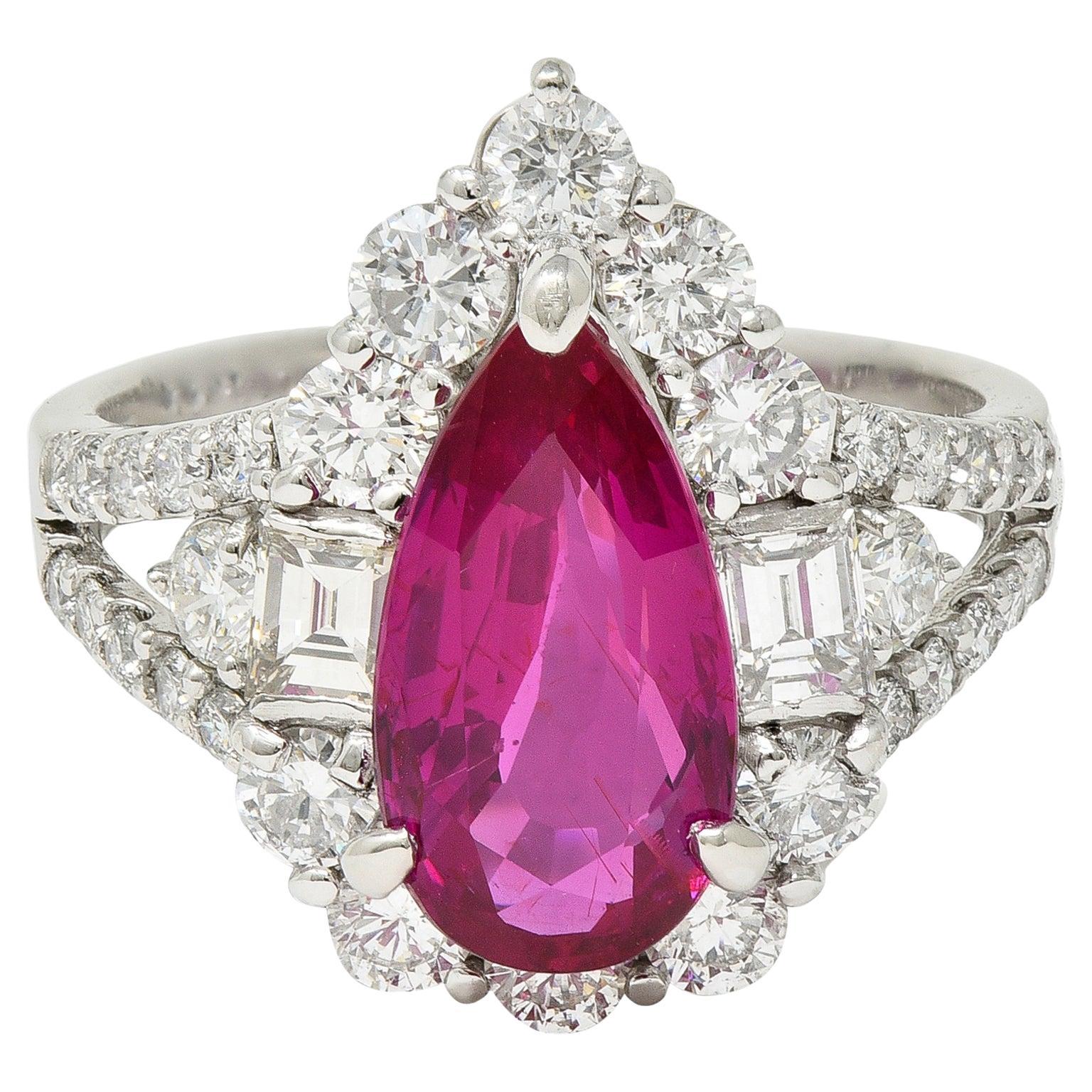Contemporary 5.11 CTW Pear Cut Mozambique No Heat Ruby Diamond Ring AGL For Sale