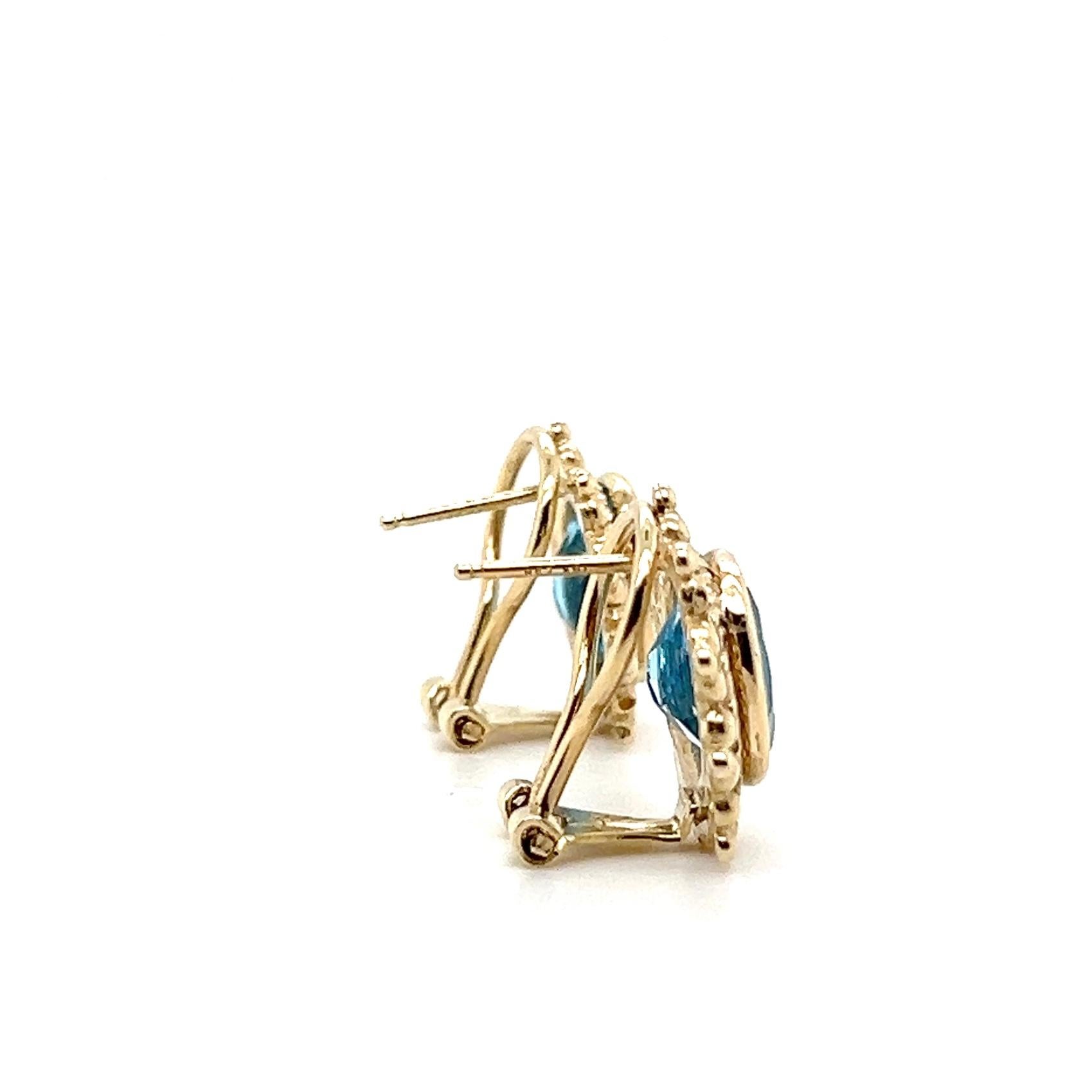 Orecchini Omega Back in oro giallo 14 carati con 5,24 carati di topazio blu in vendita 2