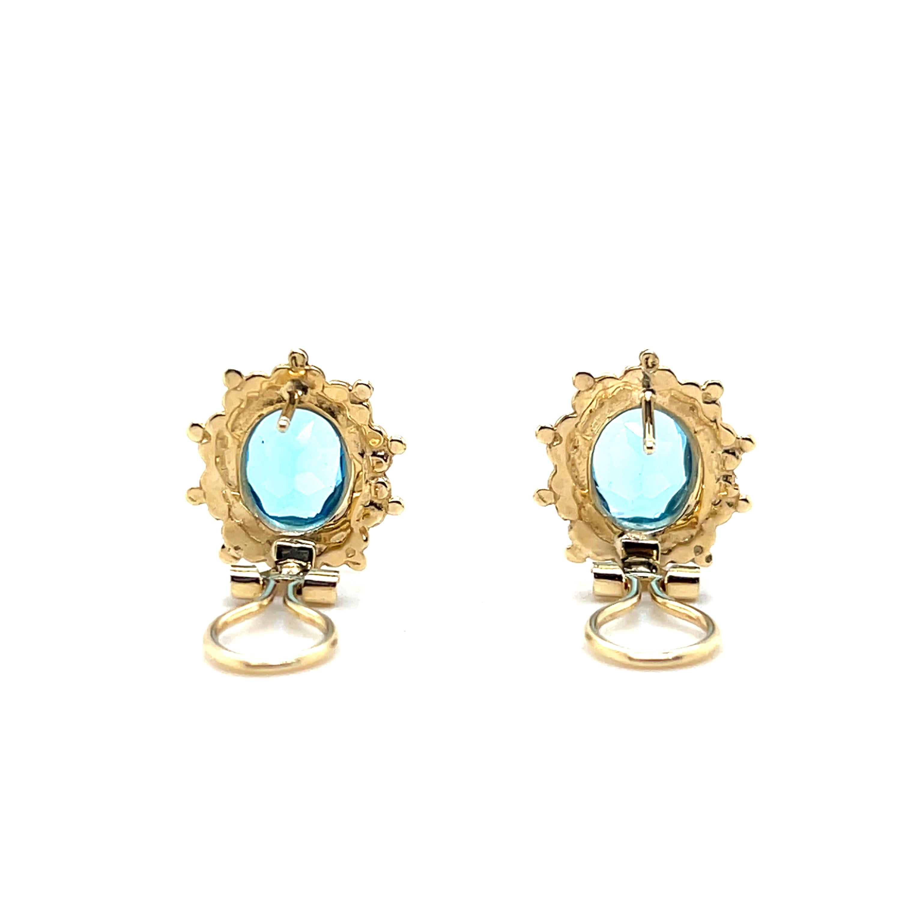 Orecchini Omega Back in oro giallo 14 carati con 5,24 carati di topazio blu in vendita 3