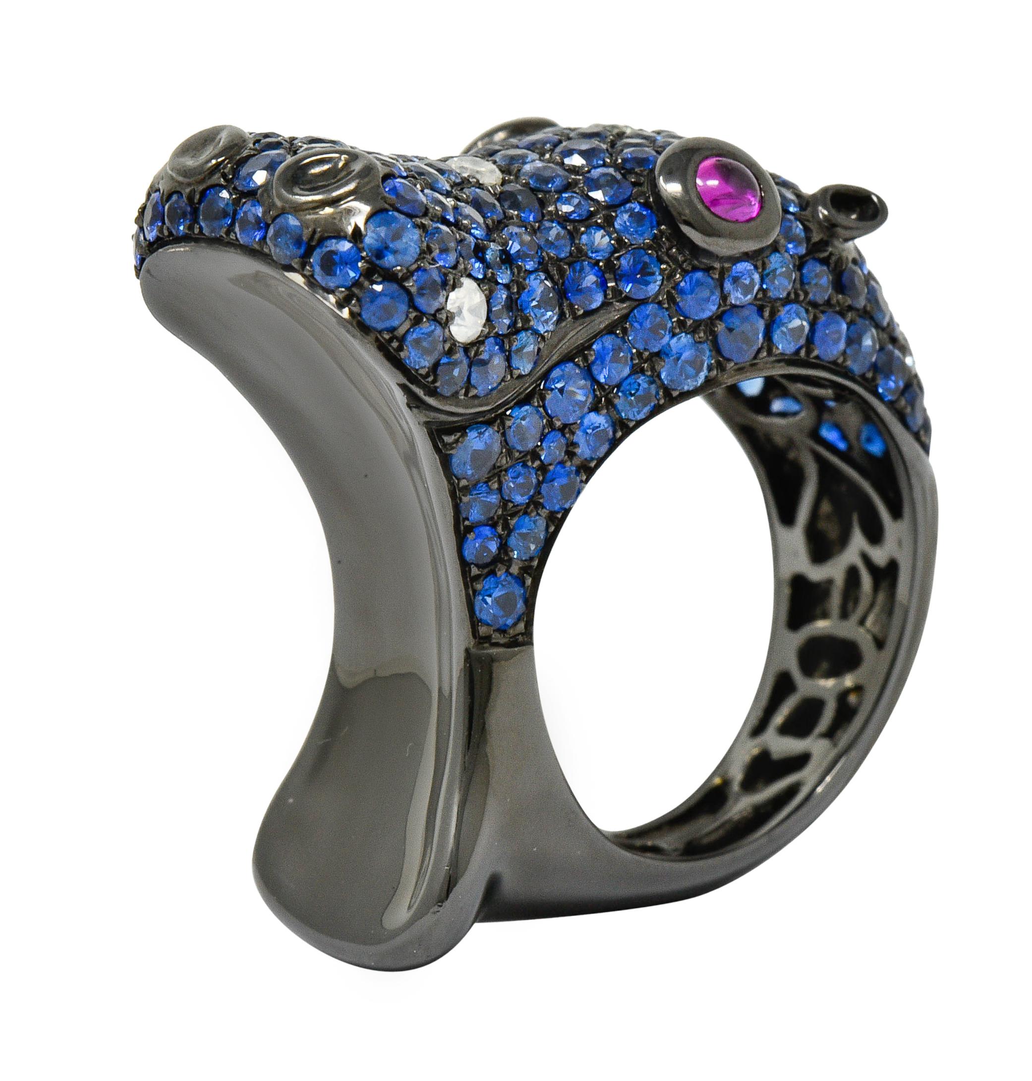 Contemporary 5.28 Carat Sapphire Diamond Ruby 18 Karat Gold Hippo Ring 5