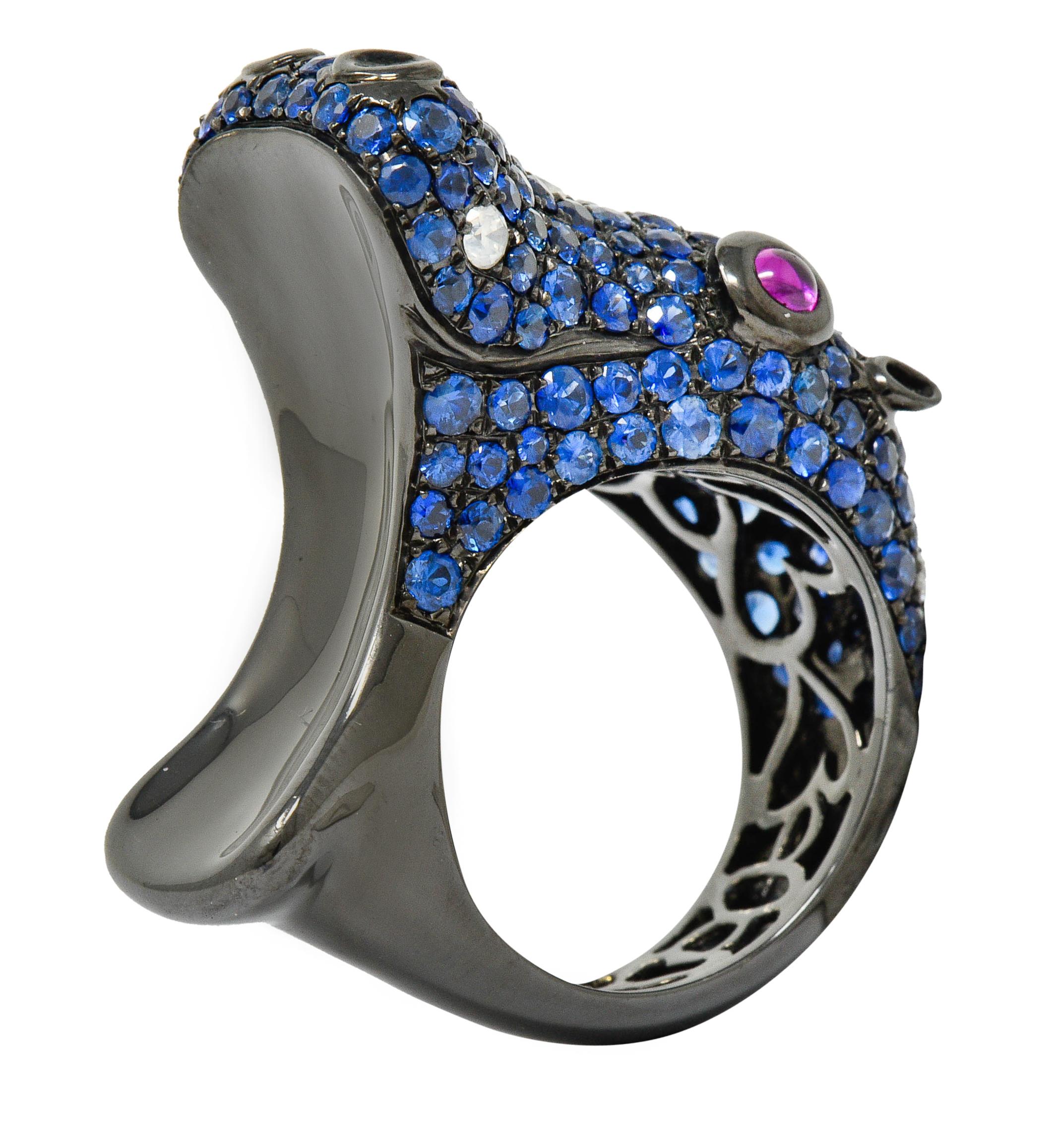 Contemporary 5.28 Carat Sapphire Diamond Ruby 18 Karat Gold Hippo Ring 6