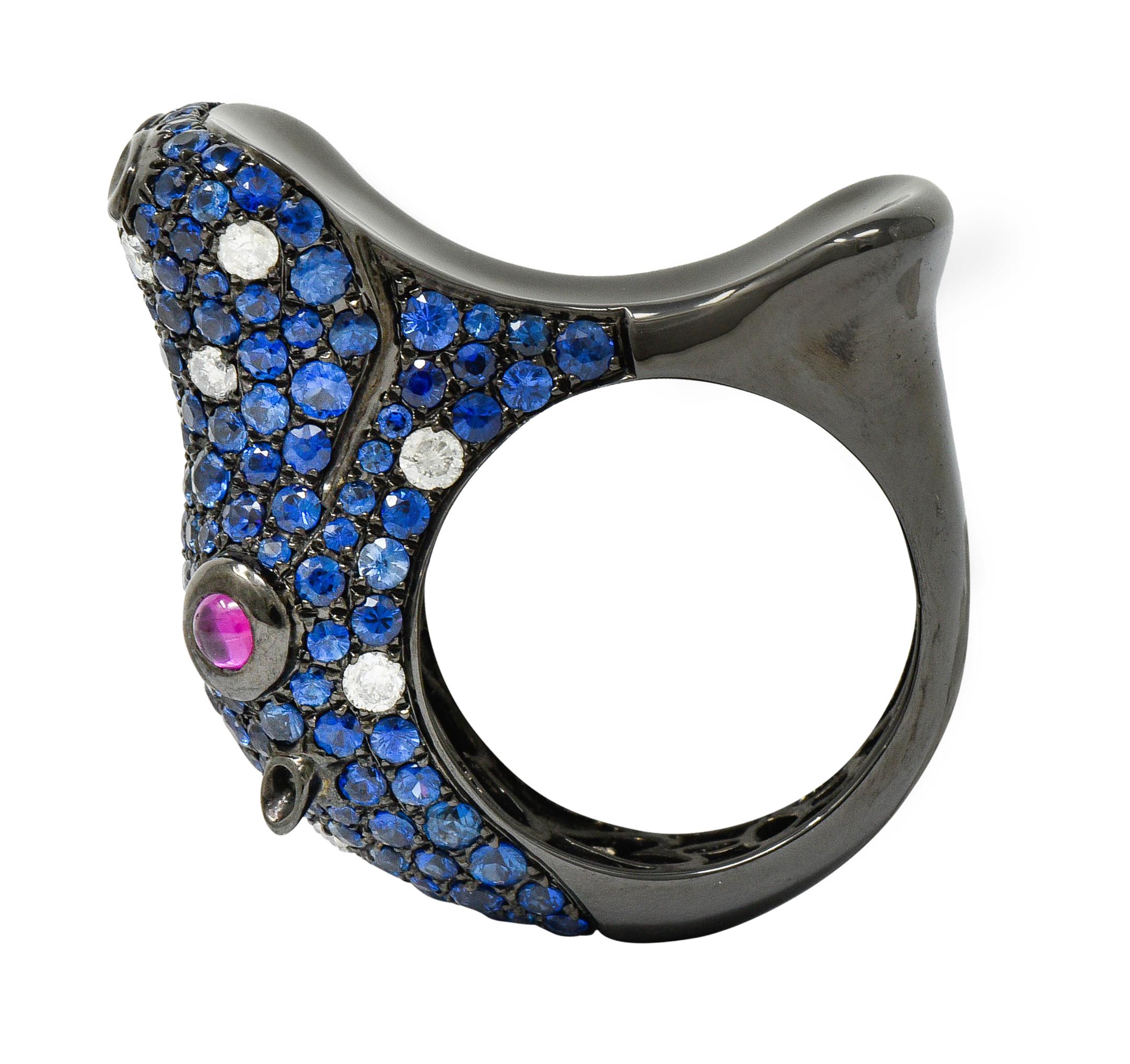 Contemporary 5.28 Carat Sapphire Diamond Ruby 18 Karat Gold Hippo Ring 9