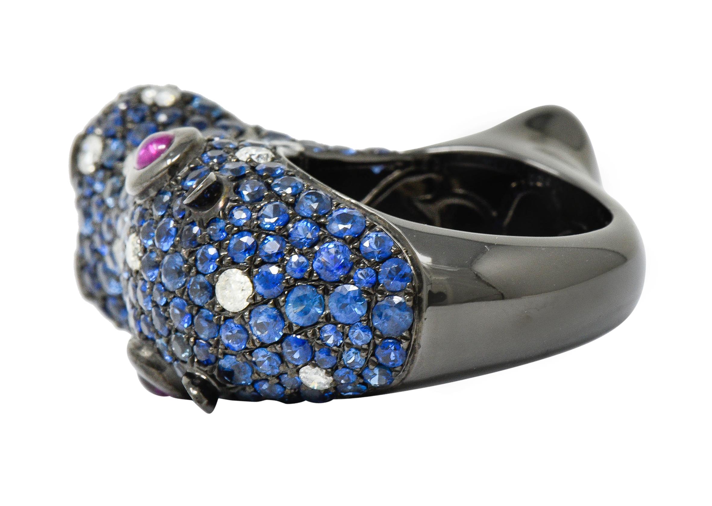 Contemporary 5.28 Carat Sapphire Diamond Ruby 18 Karat Gold Hippo Ring 1