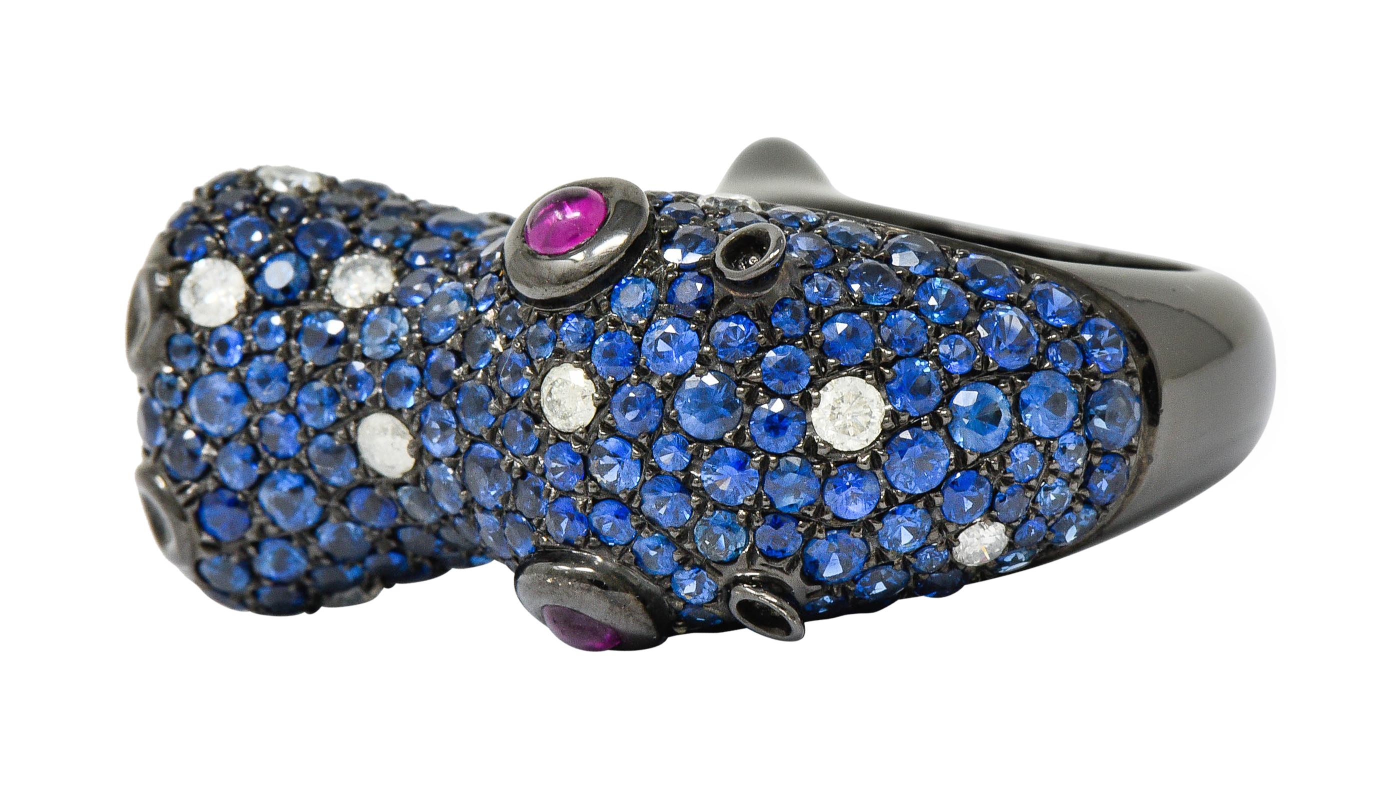 Contemporary 5.28 Carat Sapphire Diamond Ruby 18 Karat Gold Hippo Ring 2