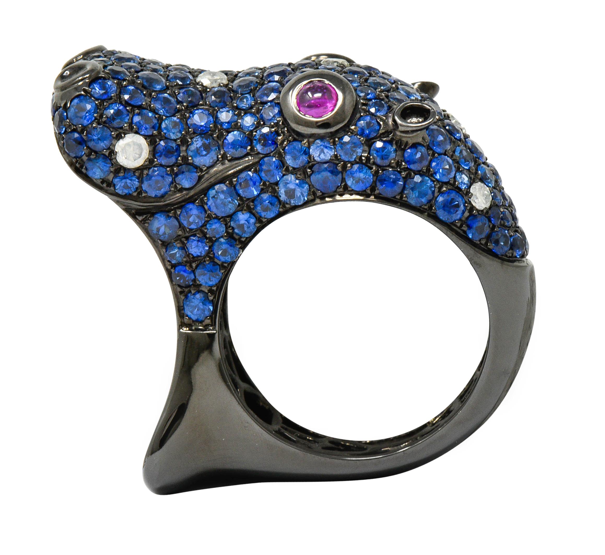 Contemporary 5.28 Carat Sapphire Diamond Ruby 18 Karat Gold Hippo Ring 3