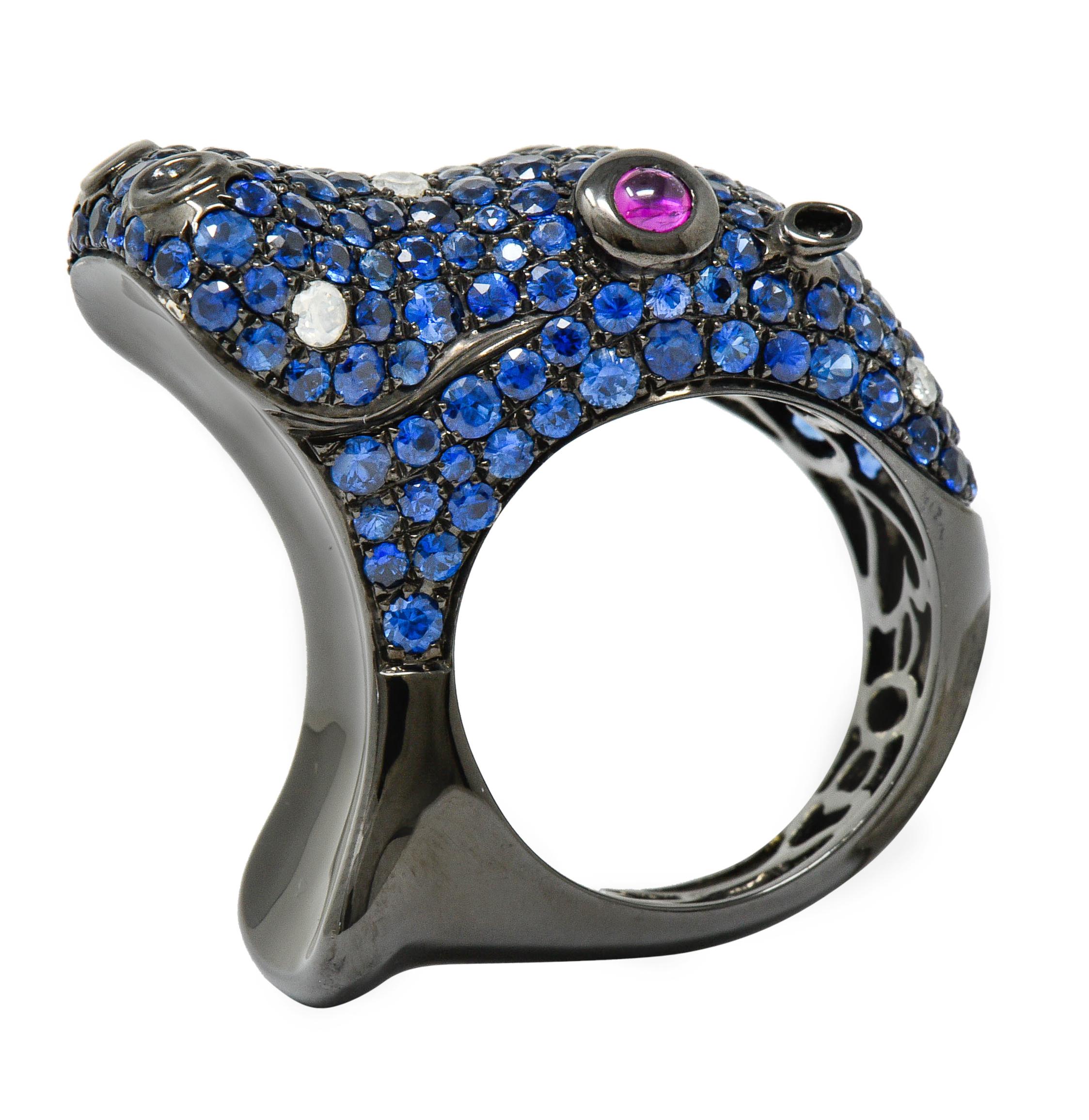 Contemporary 5.28 Carat Sapphire Diamond Ruby 18 Karat Gold Hippo Ring 4