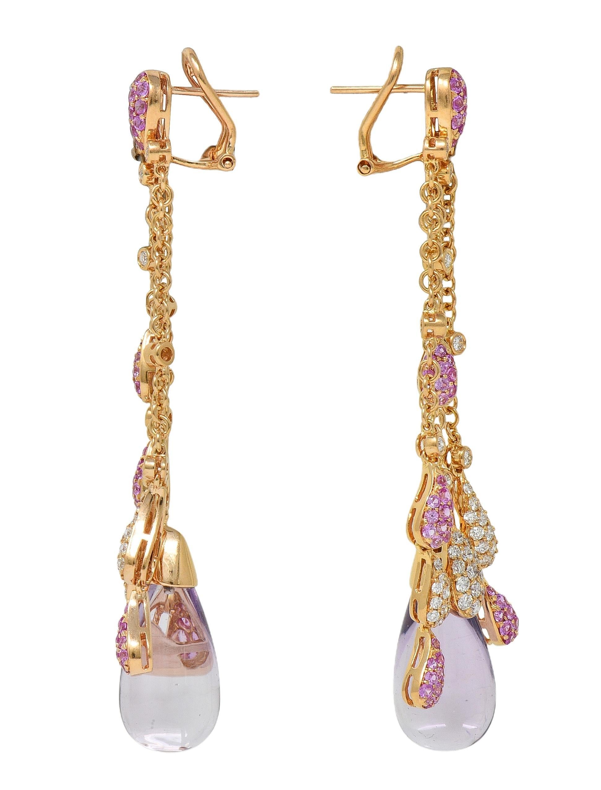 Round Cut Contemporary 5.46 CTW Pink Sapphire Diamond Amethyst 18K Gold Drop Earrings For Sale