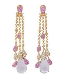 Contemporary 5.46 CTW Pink Sapphire Diamond Amethyst 18K Gold Drop Earrings Contemporary 5.46 CTW Pink Sapphire Diamond Amethyst 18K Gold Drop Earrings