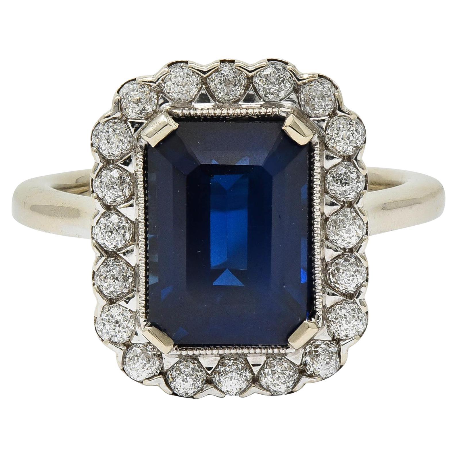 Contemporary 5.49 CTW Sapphire Diamond 18 Karat White Gold Halo Ring GIA