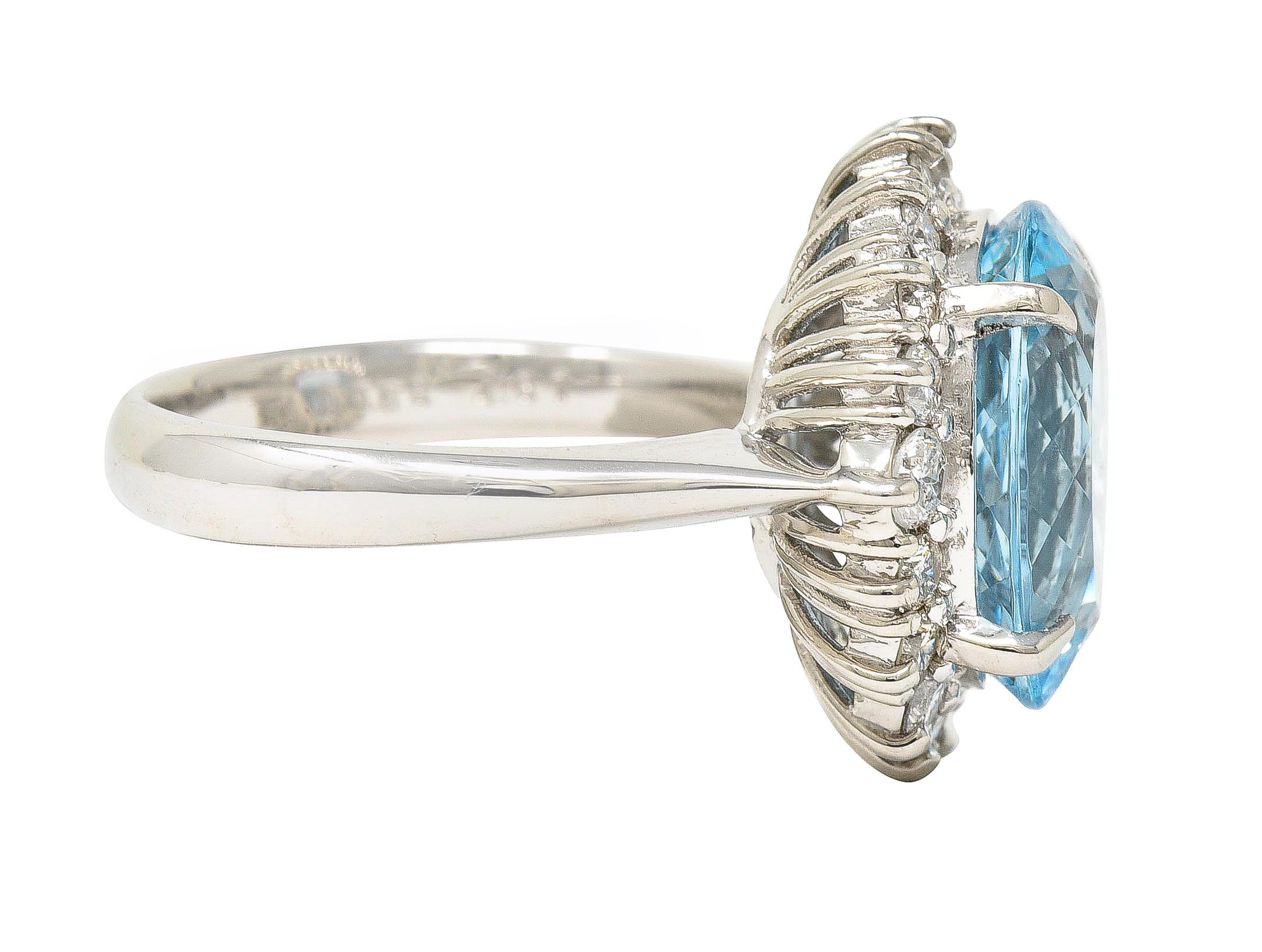 Contemporary 5.55 CTW Oval Cut Aquamarine Diamond Platinum Halo Ring In Excellent Condition In Philadelphia, PA
