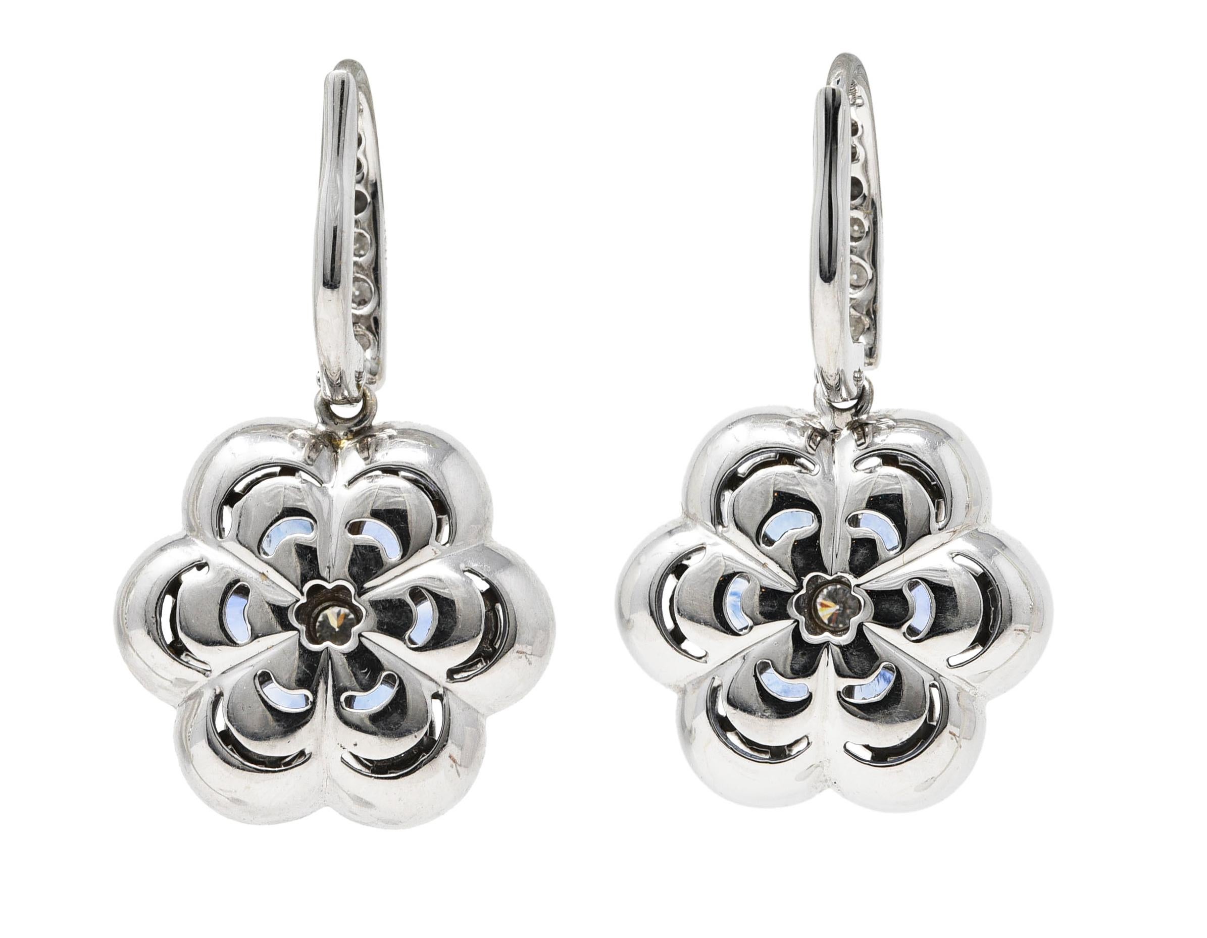 Oval Cut Contemporary 5.74 CTW Sapphire Diamond 18 Karat White Gold Floral Drop Earrings