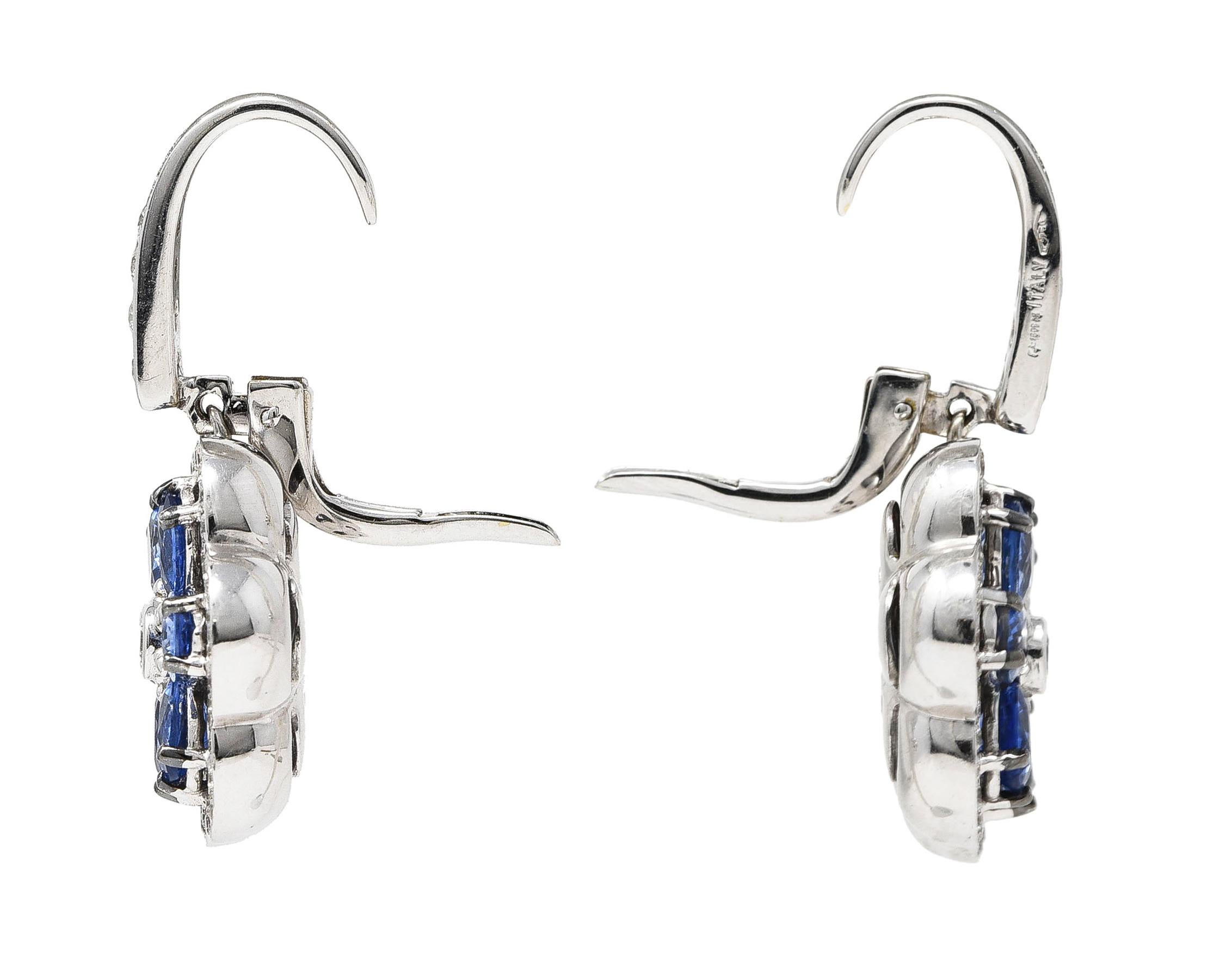 Contemporary 5.74 CTW Sapphire Diamond 18 Karat White Gold Floral Drop Earrings In Excellent Condition In Philadelphia, PA