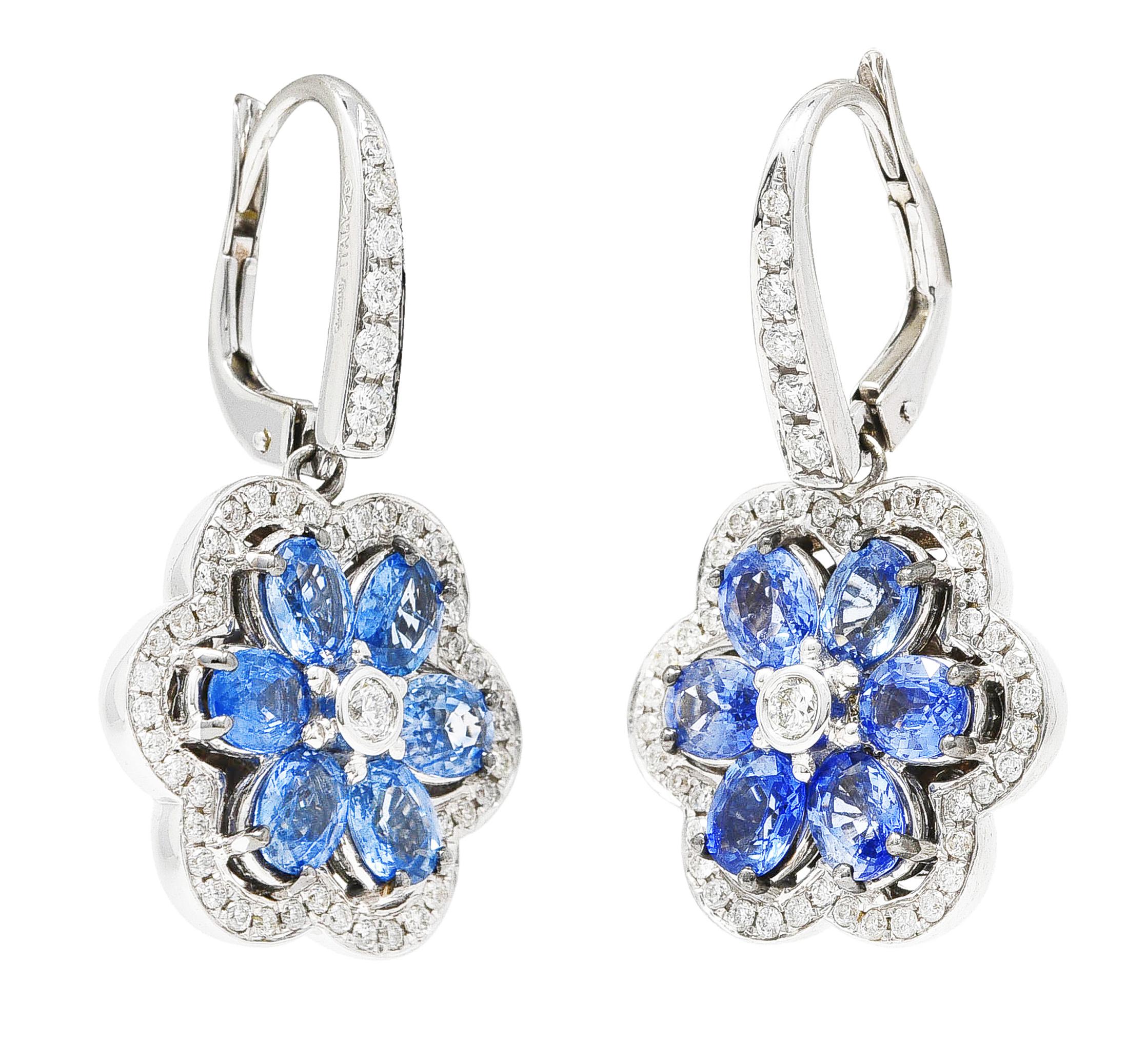 Contemporary 5.74 CTW Sapphire Diamond 18 Karat White Gold Floral Drop Earrings 1
