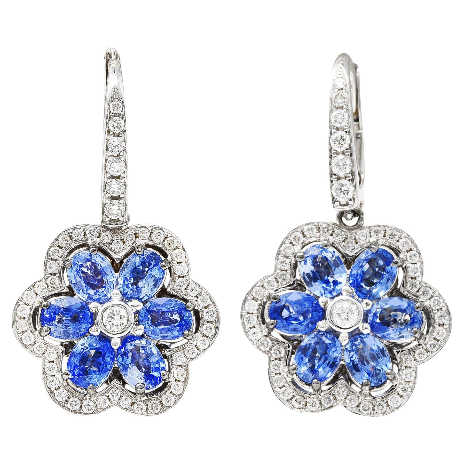 Contemporary 5.74 CTW Sapphire Diamond 18 Karat White Gold Floral Drop Earrings