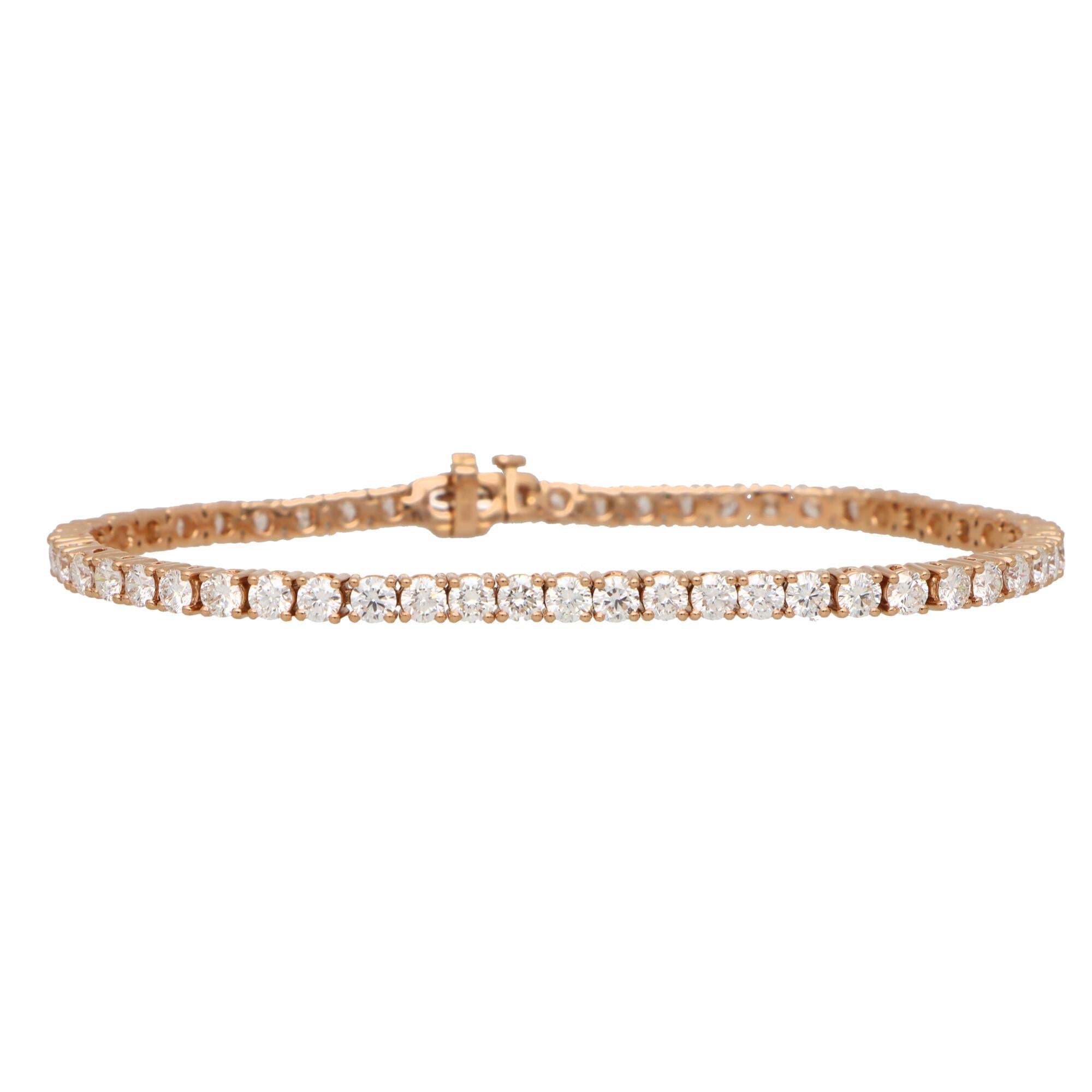 Round Cut Contemporary 5.82ct Diamond Tennis Line Bracelet in 18k Rose Gold For Sale