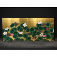 Contemporary 6-Panel Screen: Lotus Garden on Gold