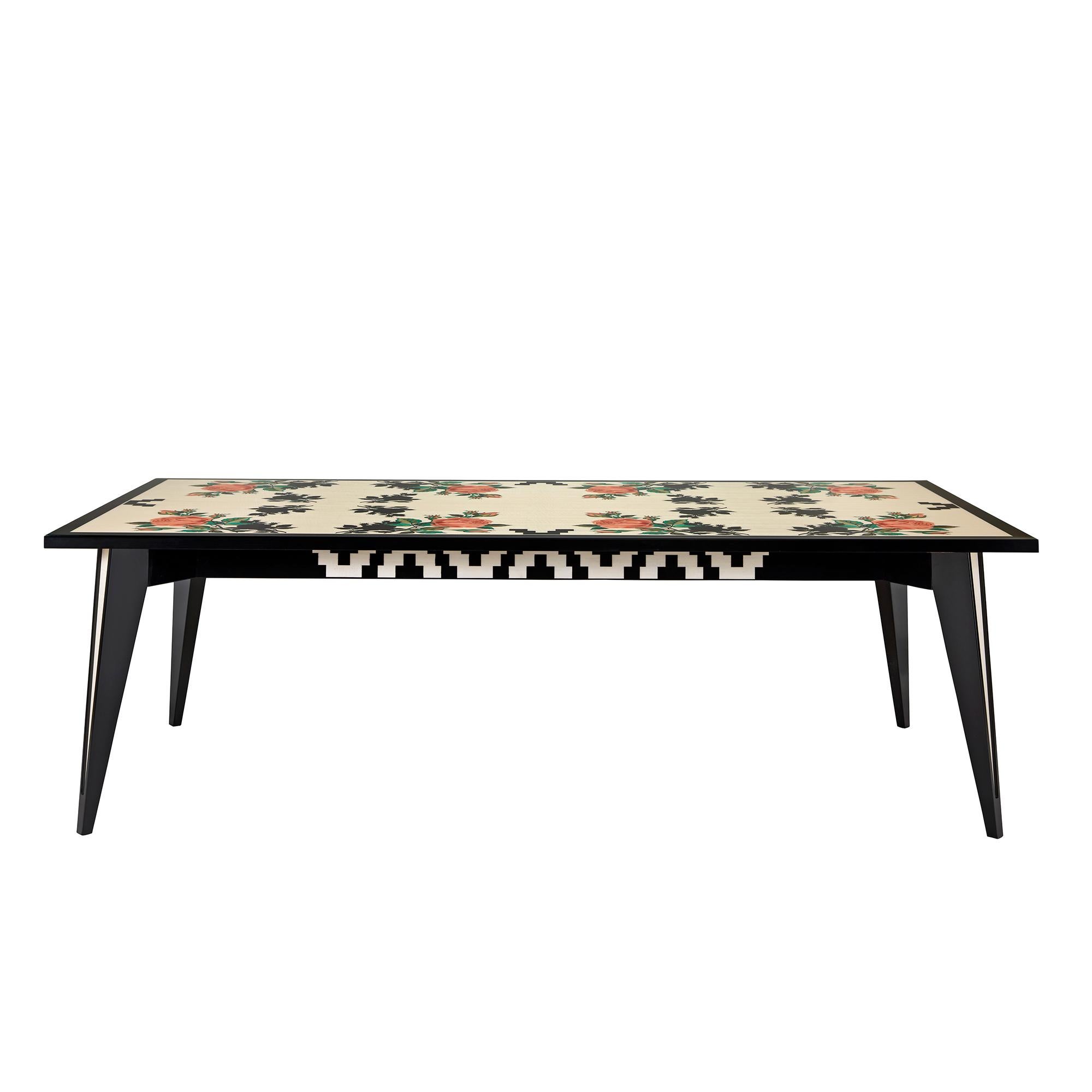 Colored roses superimposed on black roses create a pattern for this tabletop. Top with wood veneer inlays in ten colors. Solid beech legs with black ivory wood veneer and a white line on the side. Under the top, a decoration of black and white wood