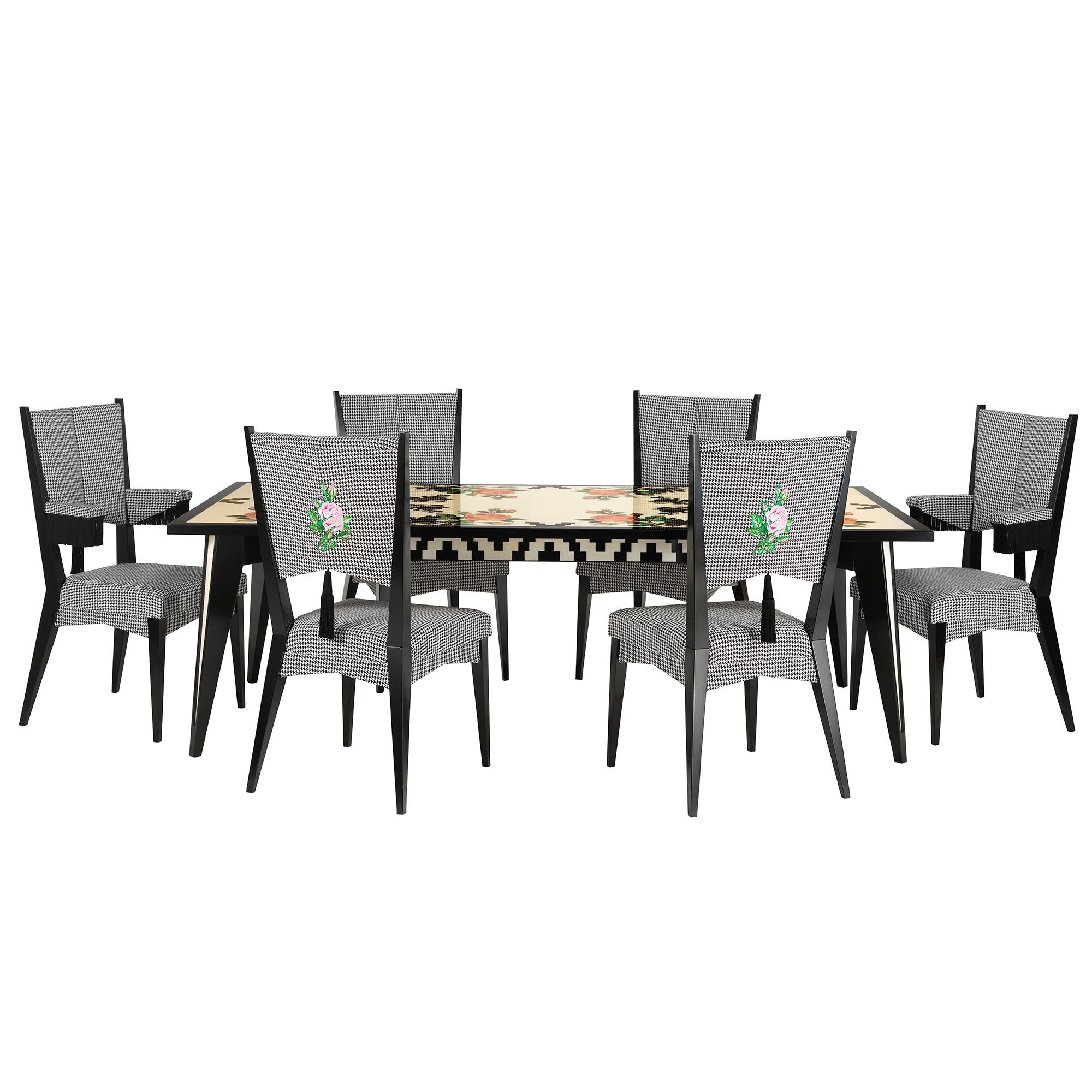 Italian Contemporary 6 Seat Rectangular Table with Roses For Sale