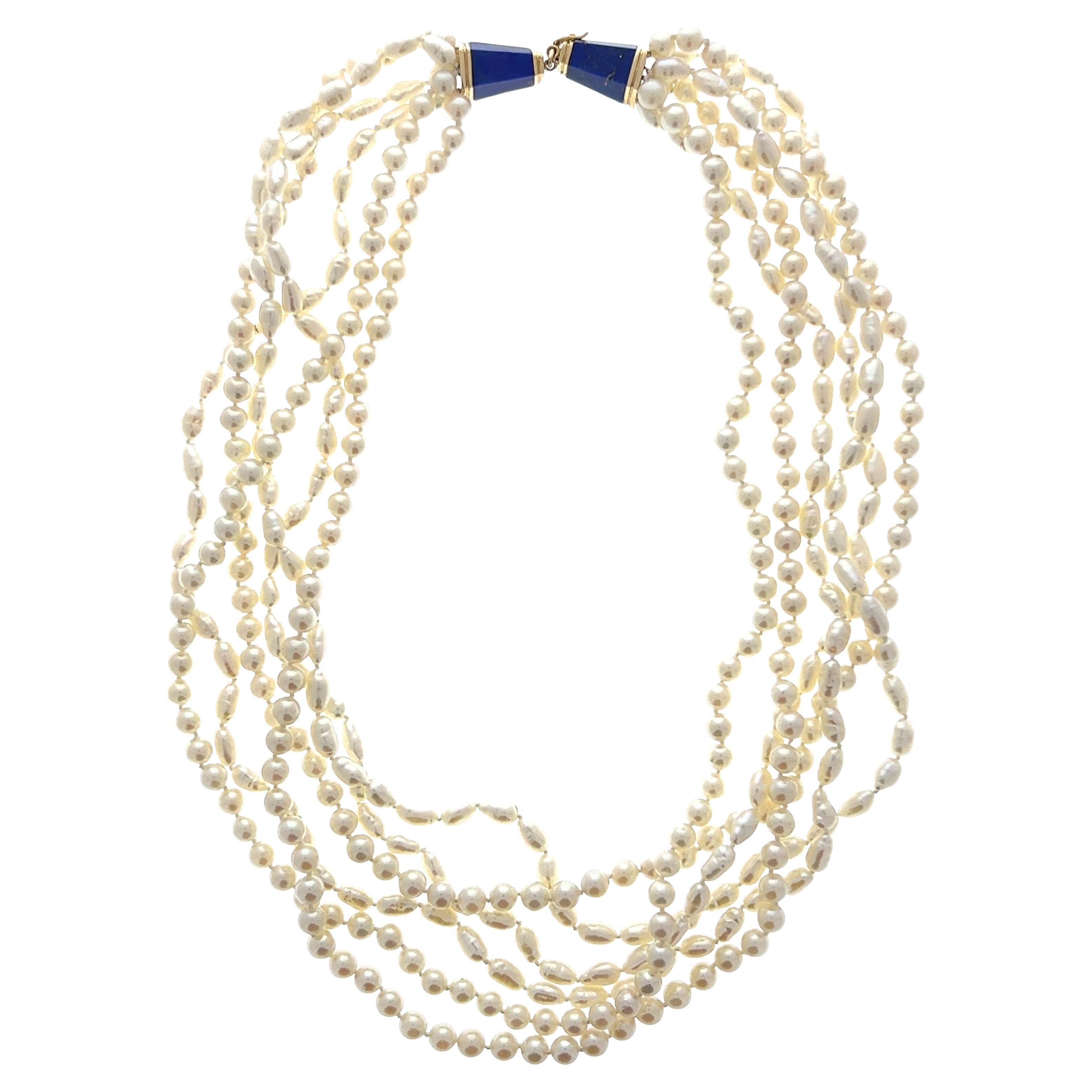 Contemporary 6 Strand Freshwater Pearl 
Lapis 14k Yellow Gold Necklace 1980s For Sale