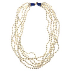 Contemporary 6 Strand Freshwater Pearl 
Lapis 14k Yellow Gold Necklace 1980s