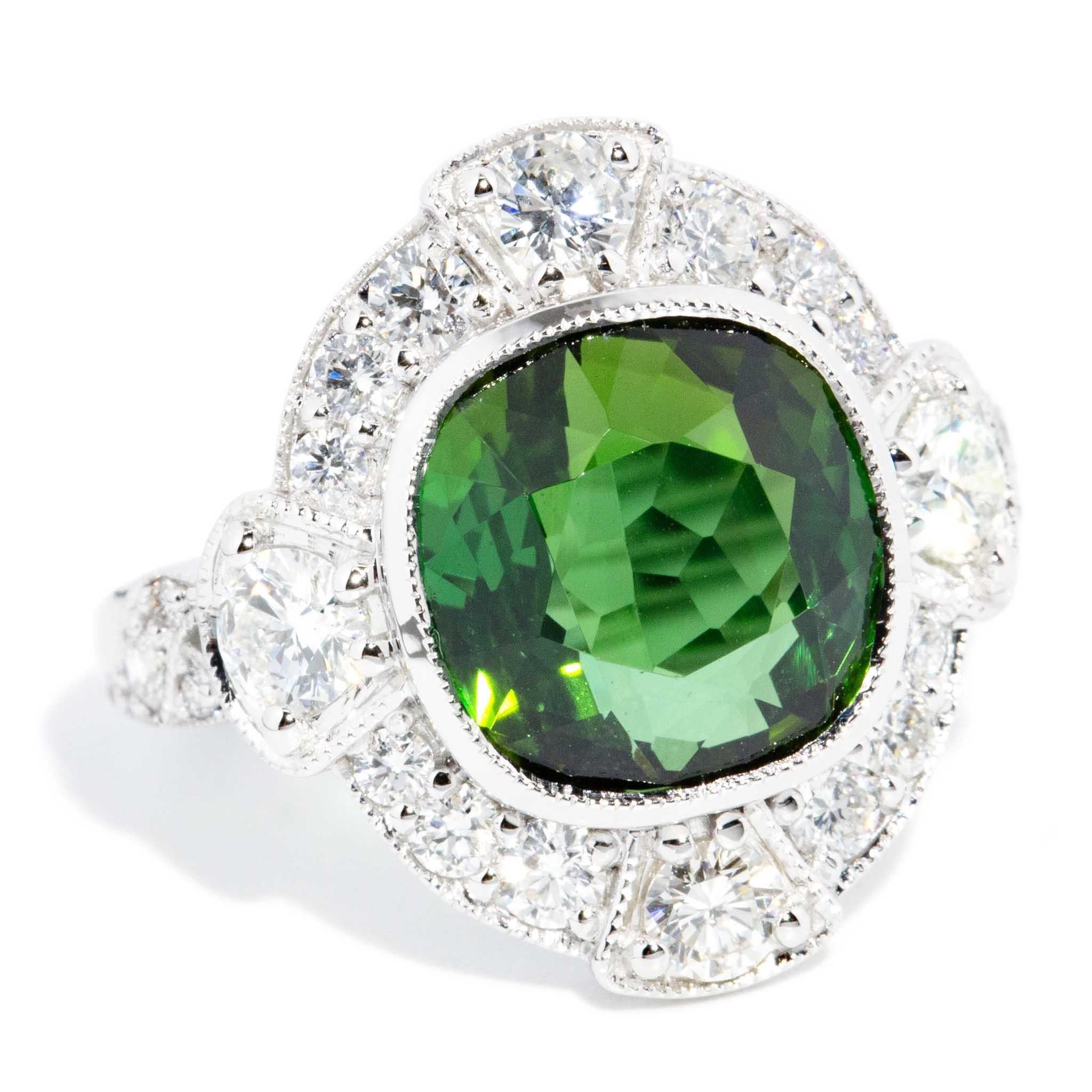 Cushion Cut Contemporary 6.07ct Green Tourmaline & Diamond Ring 18 Carat White Gold For Sale
