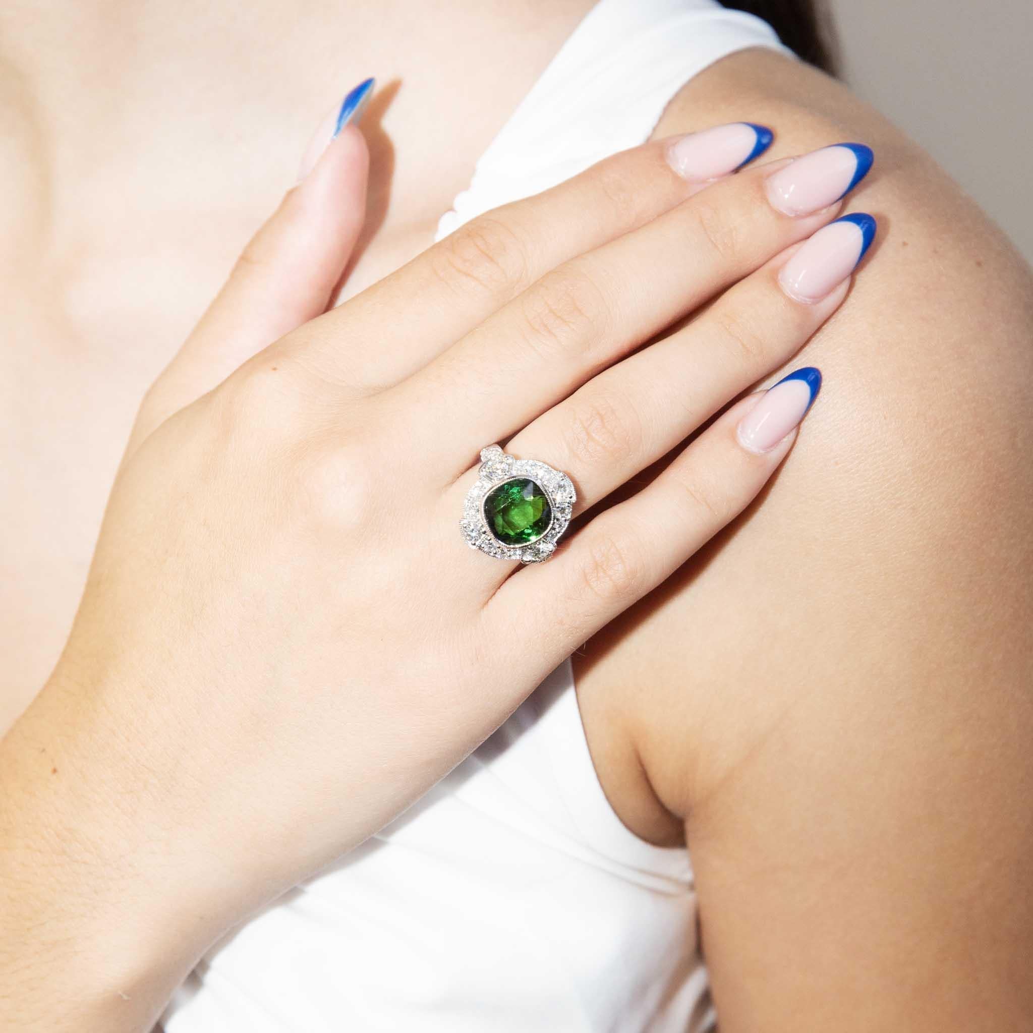 Contemporary 6.07ct Green Tourmaline & Diamond Ring 18 Carat White Gold In New Condition For Sale In Hamilton, AU