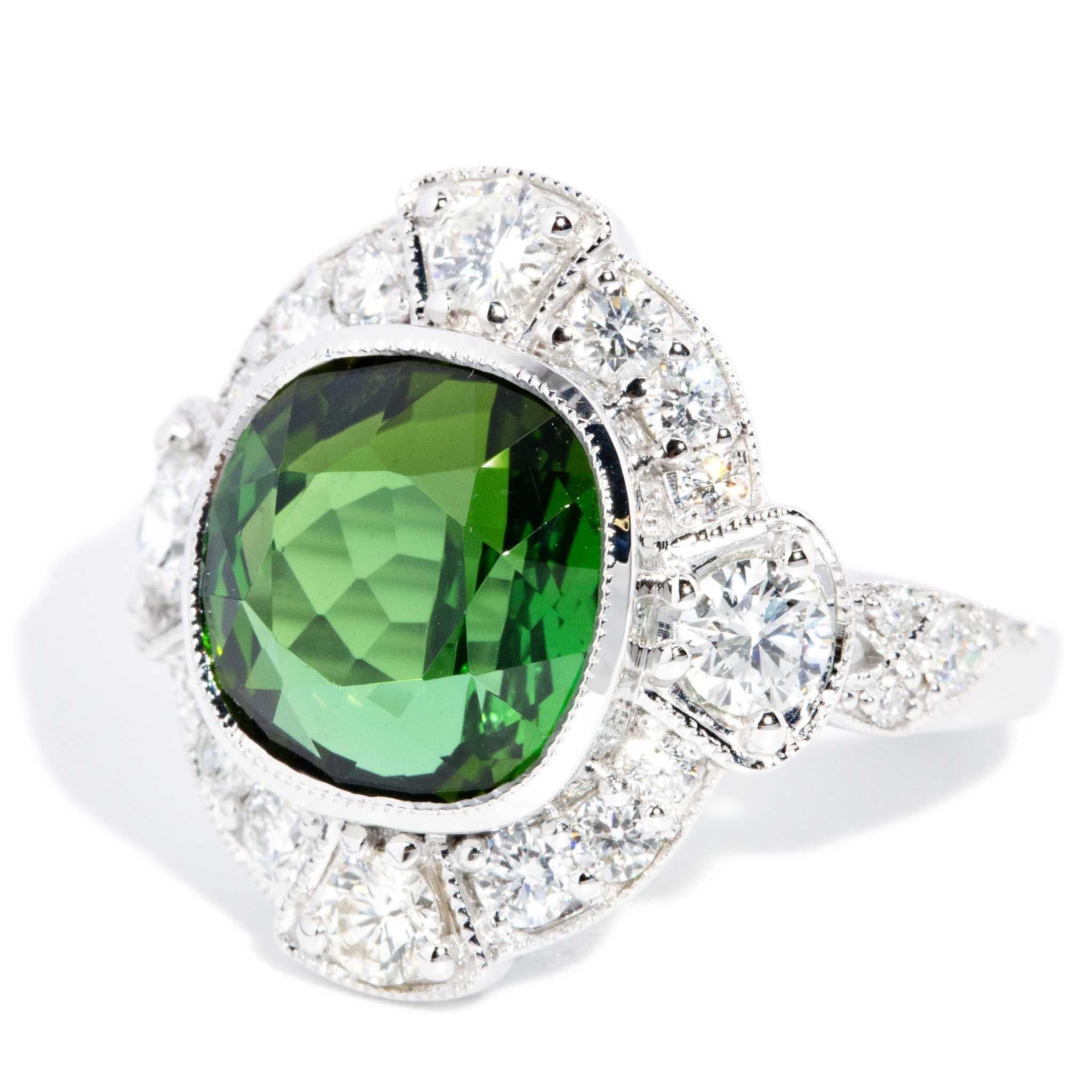 Women's Contemporary 6.07ct Green Tourmaline & Diamond Ring 18 Carat White Gold For Sale