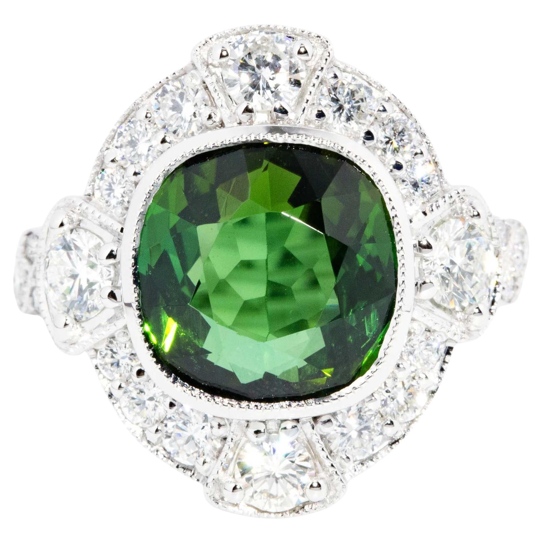 Contemporary 6.07ct Green Tourmaline & Diamond Ring 18 Carat White Gold