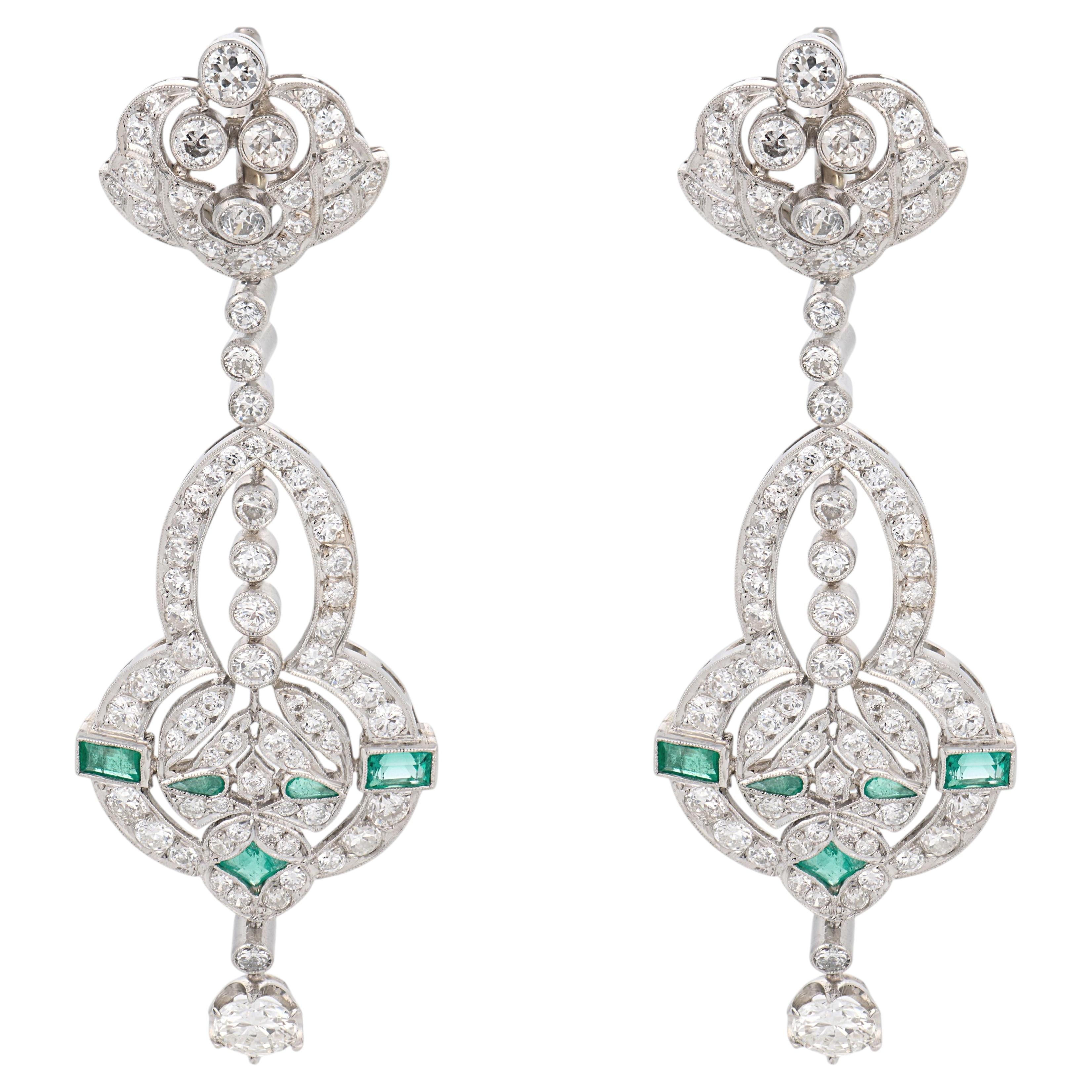 Contemporary 6.40 carat diamond emerald platinum cocktail earrings For Sale