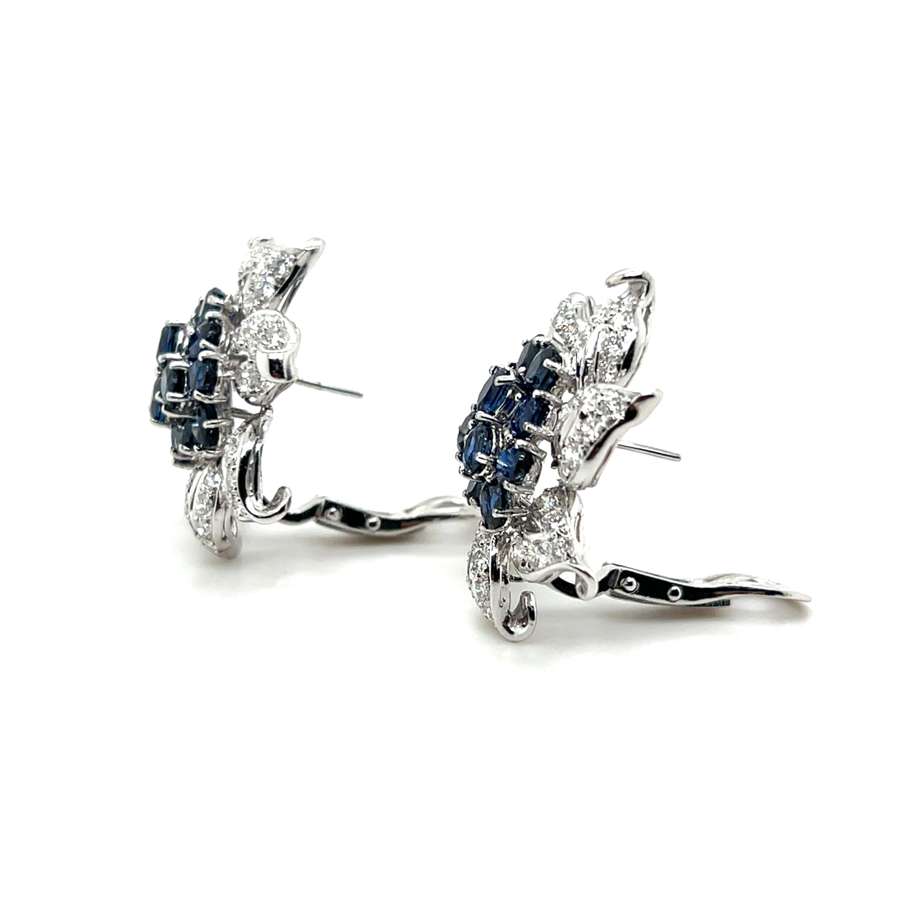Contemporary 6.67 TCW Sapphire & 4.50 TCW Diamond Floral White Gold Earrings For Sale 5