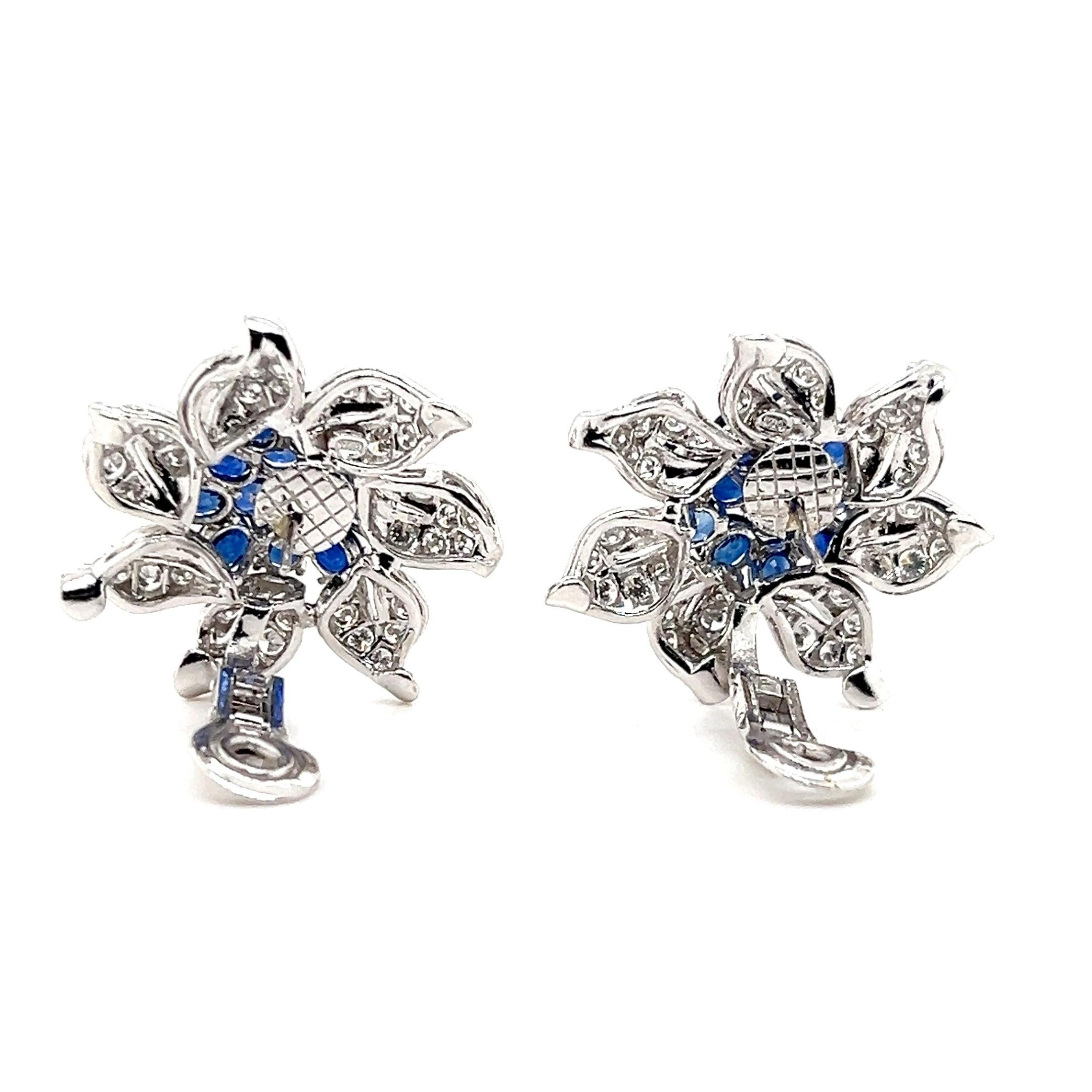 Contemporary 6.67 TCW Sapphire & 4.50 TCW Diamond Floral White Gold Earrings For Sale 8