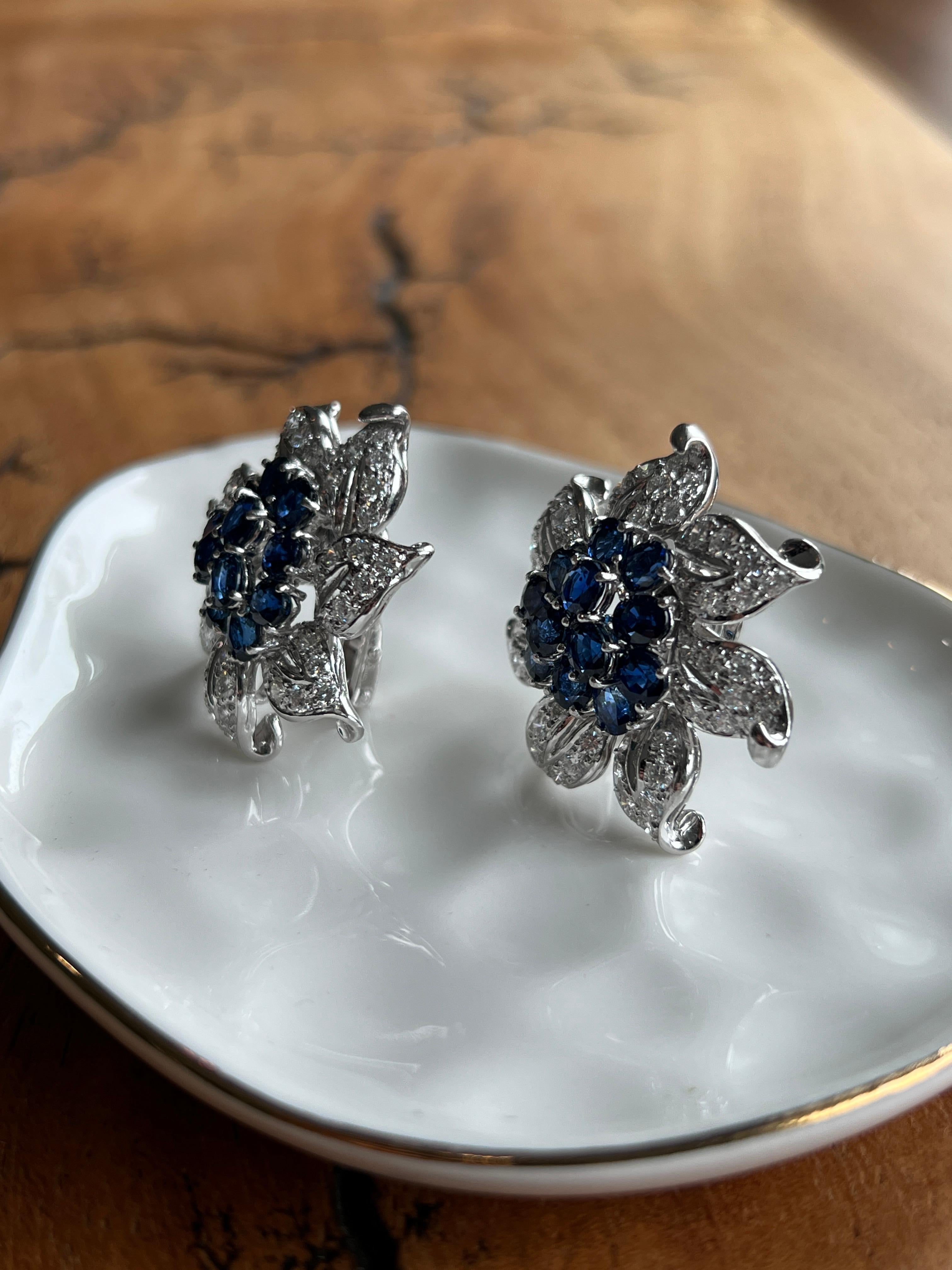 Oval Cut Contemporary 6.67 TCW Sapphire & 4.50 TCW Diamond Floral White Gold Earrings For Sale