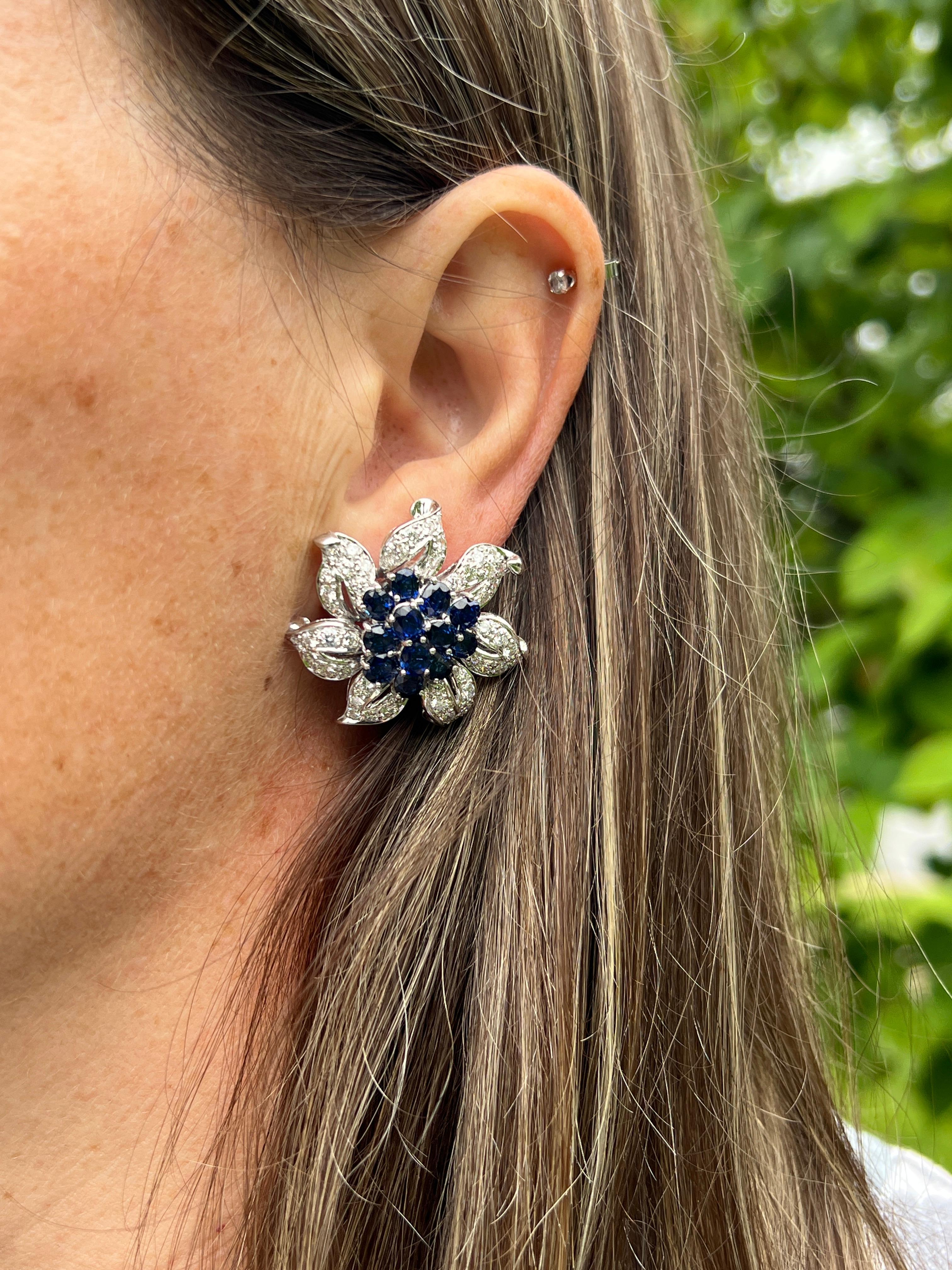 Contemporary 6.67 TCW Sapphire & 4.50 TCW Diamond Floral White Gold Earrings In Good Condition For Sale In Towson, MD