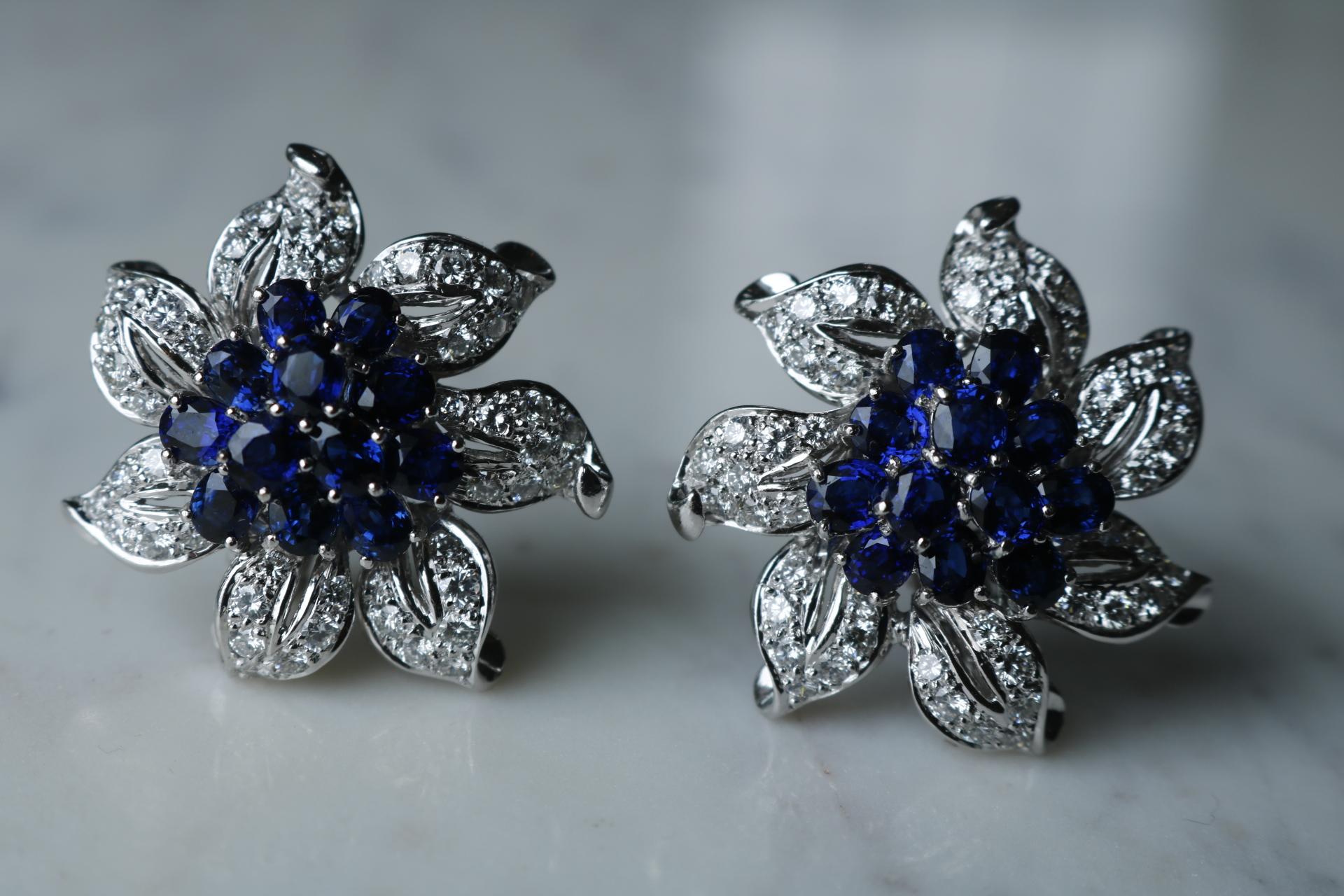 Women's or Men's Contemporary 6.67 TCW Sapphire & 4.50 TCW Diamond Floral White Gold Earrings For Sale
