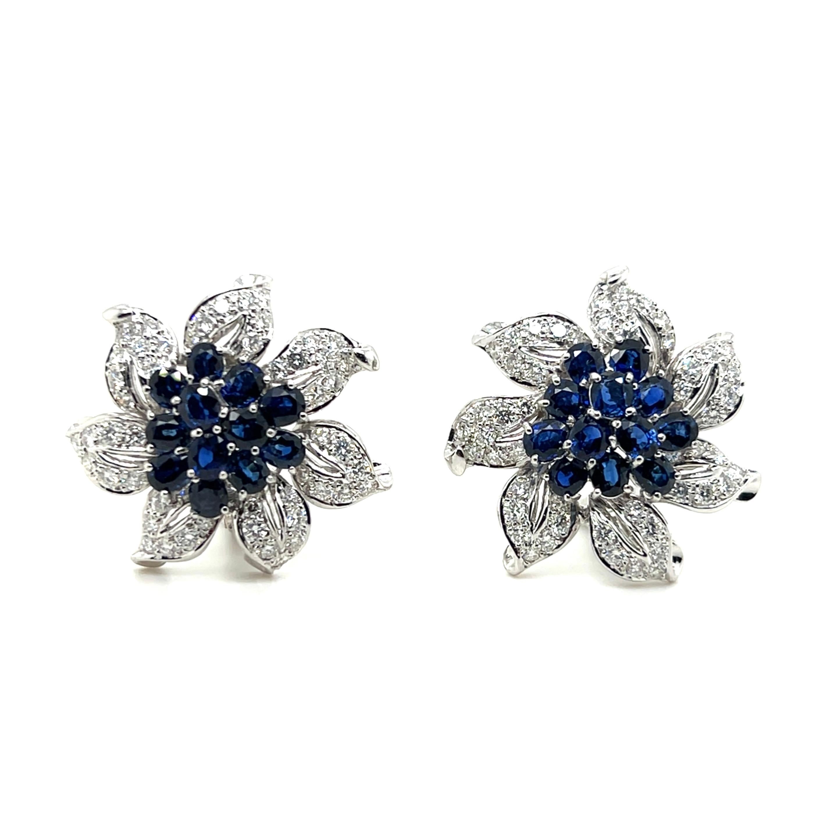 Contemporary 6.67 TCW Sapphire & 4.50 TCW Diamond Floral White Gold Earrings For Sale 1