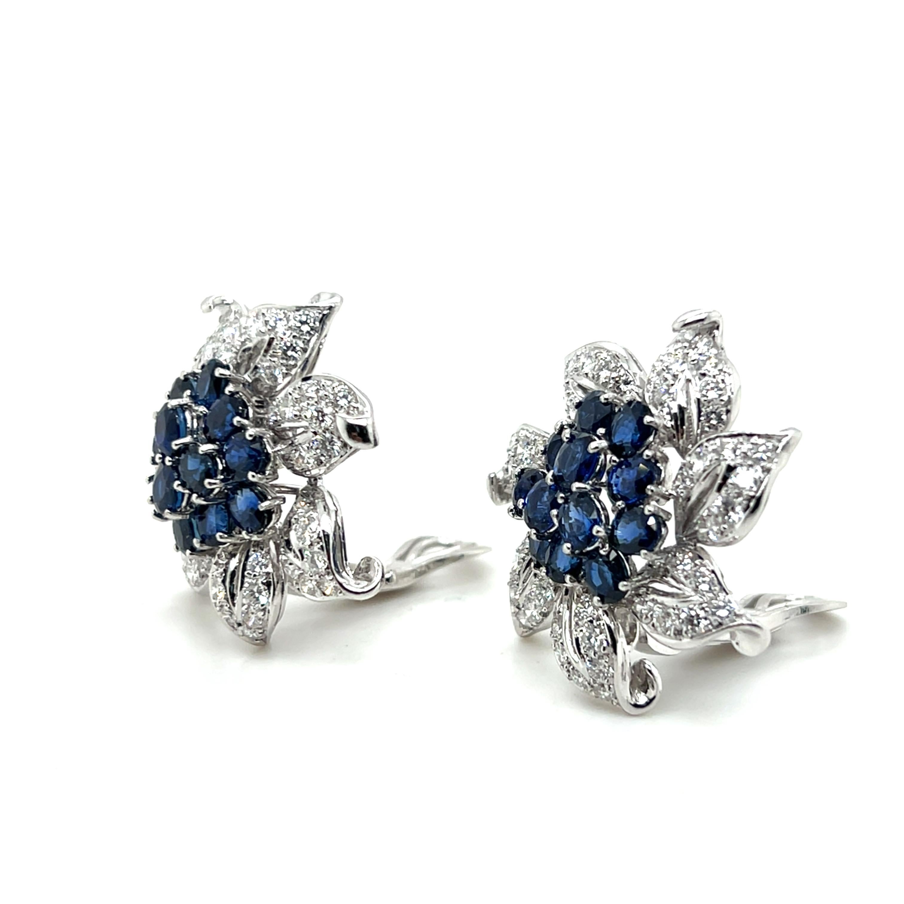 Contemporary 6.67 TCW Sapphire & 4.50 TCW Diamond Floral White Gold Earrings For Sale 2