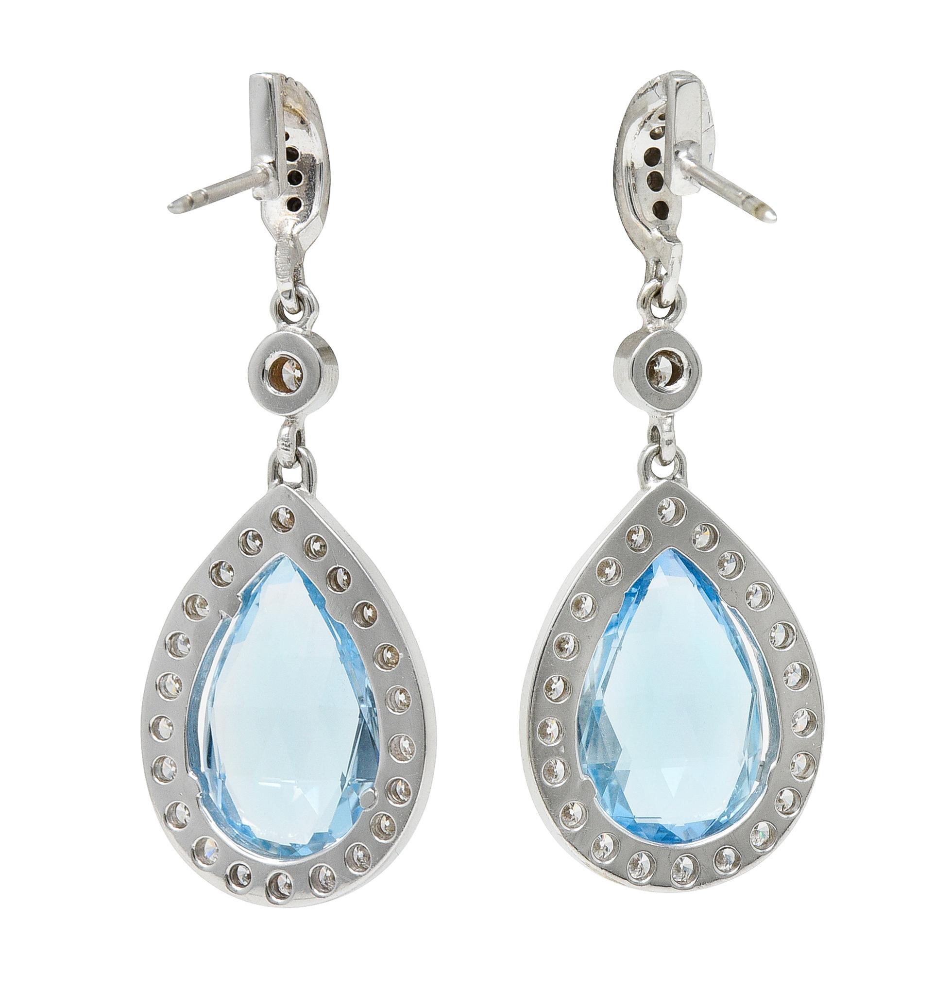 Pear Cut Contemporary 6.70 Carats Aquamarine Diamond 18 Karat White Gold Drop Earrings
