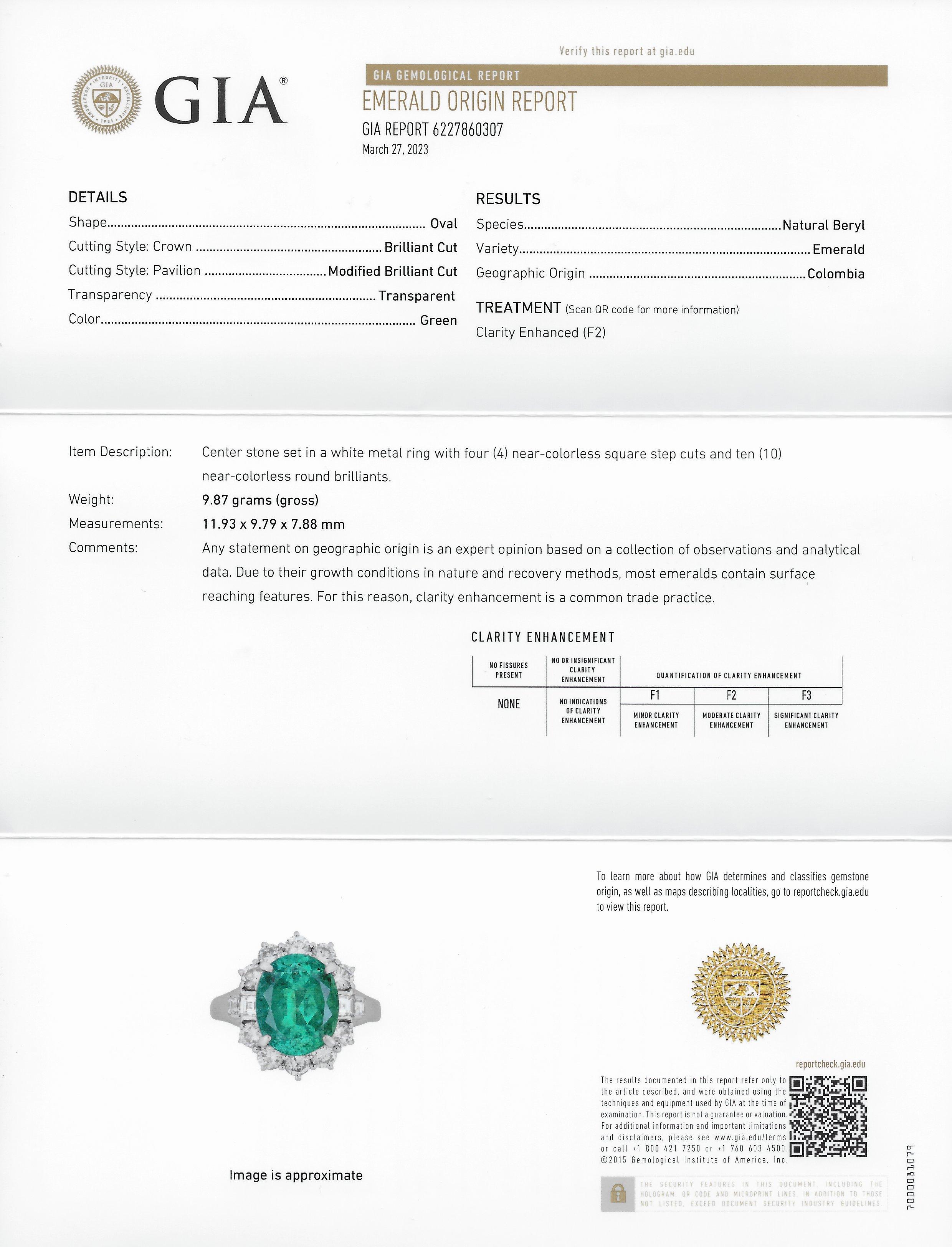 Contemporary 6.77 CTW Columbian Emerald Diamond Platinum Halo Ring GIA 5