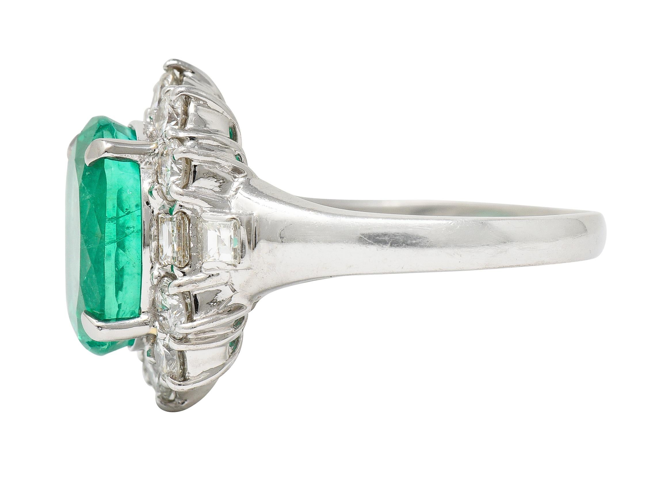 Women's or Men's Contemporary 6.77 CTW Columbian Emerald Diamond Platinum Halo Ring GIA