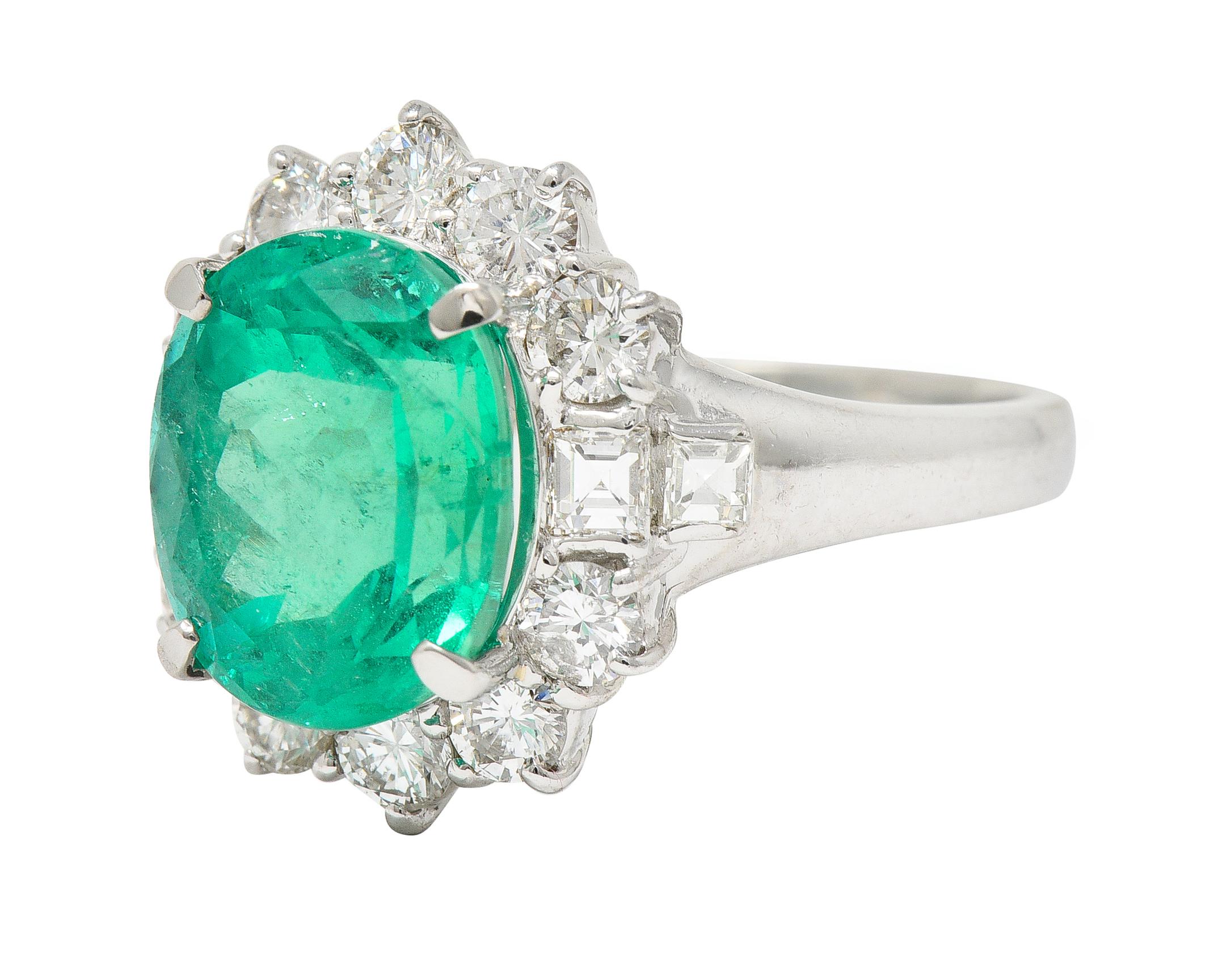 Contemporary 6.77 CTW Columbian Emerald Diamond Platinum Halo Ring GIA 1