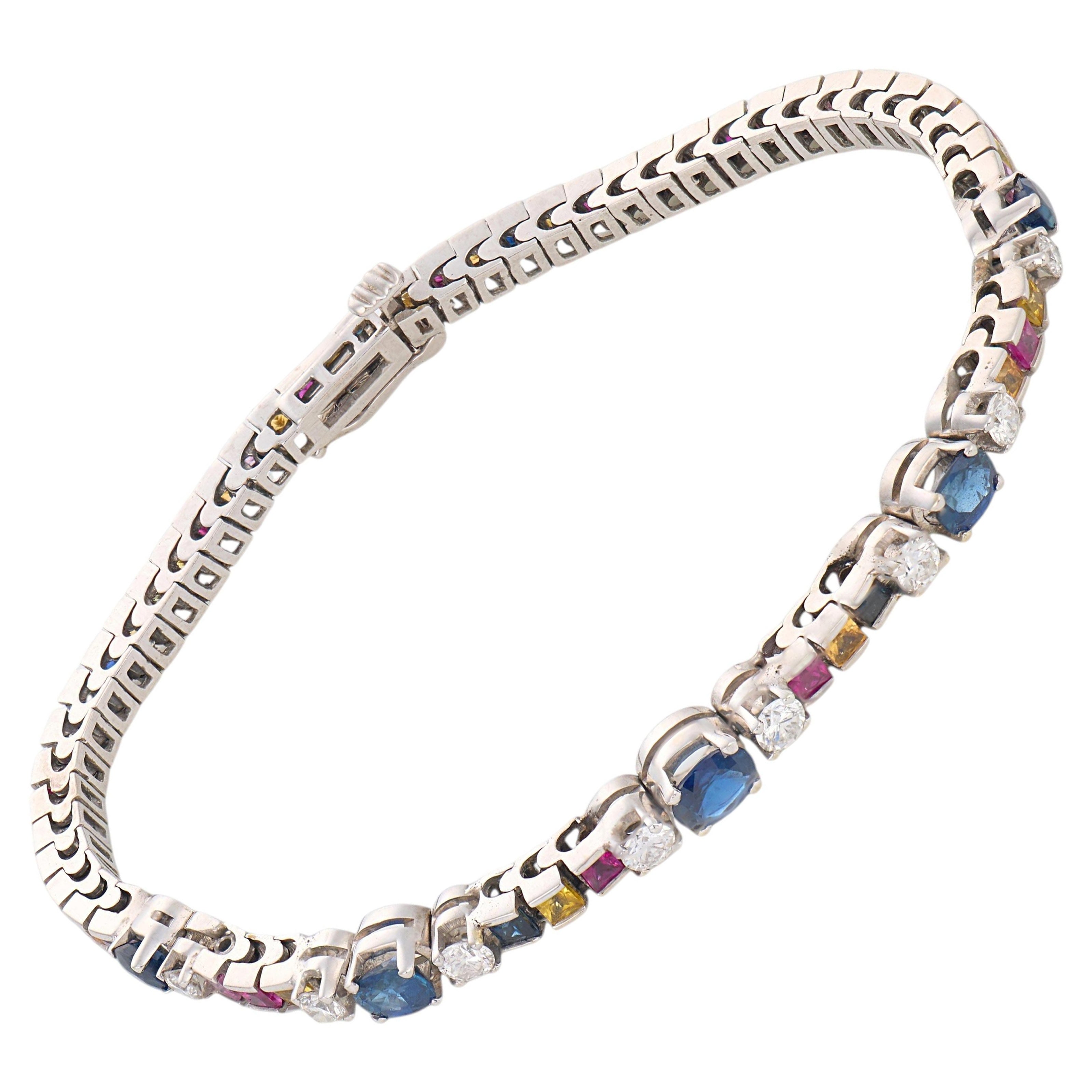 Contemporary 7.00 carat multicolor sapphire diamond 14k white gold bracelet For Sale